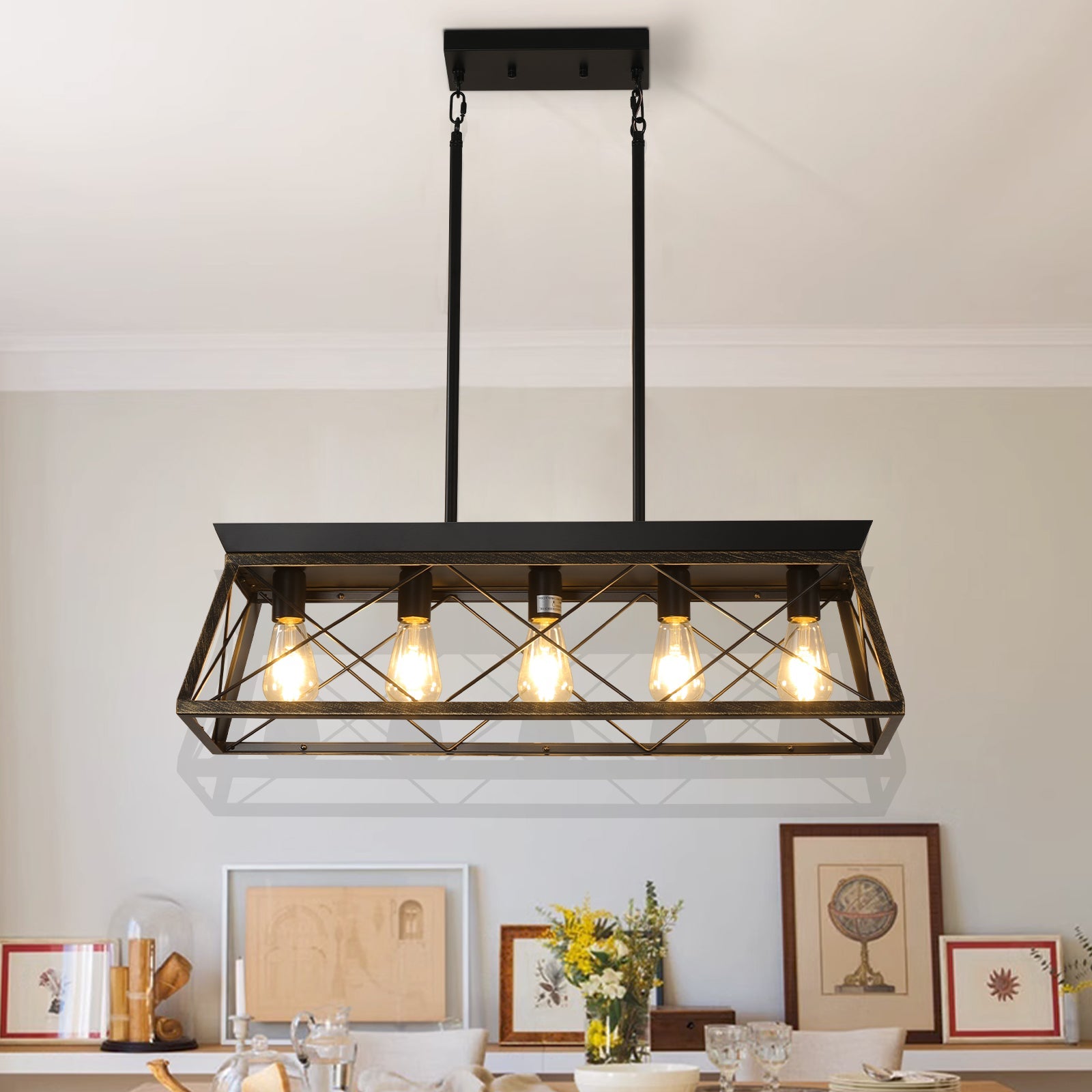 5-Light Farmhouse Chandeliers for Dining Room Metal Rustic Pendant Island Light Modern Rectangular Island Lights (No Bulbs)