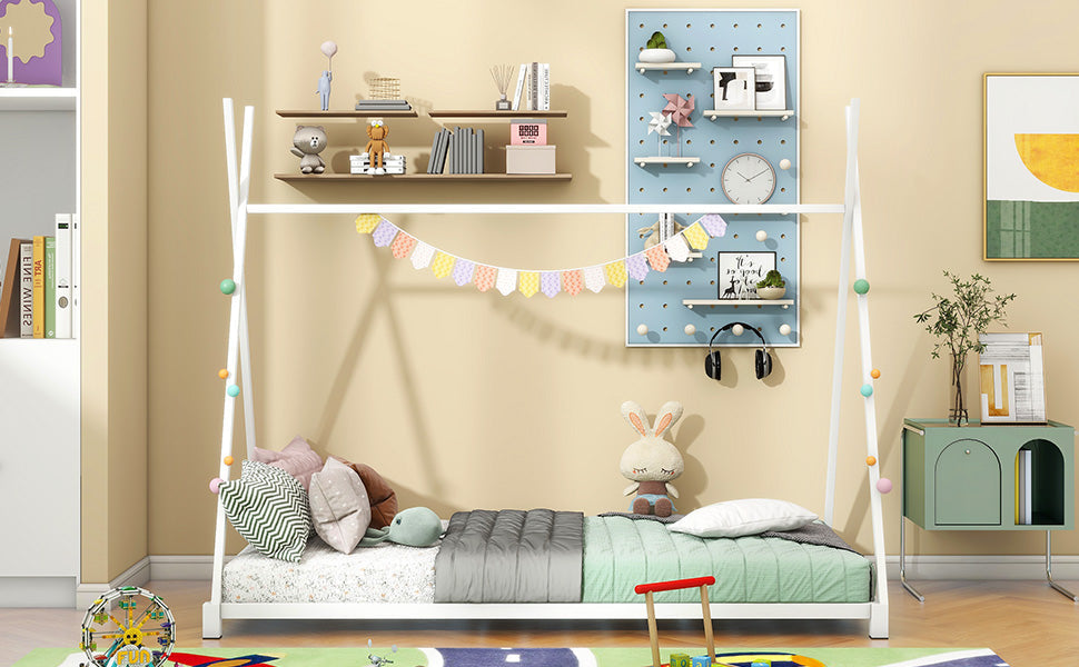 Metal Twin Size House Platform Bed with Triangle Structure White