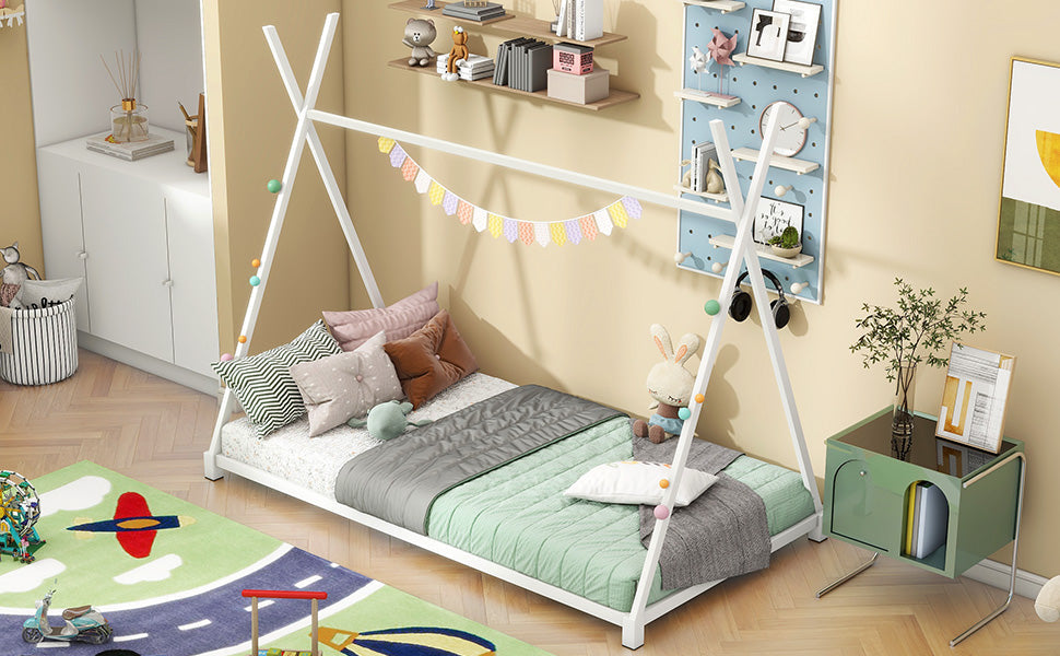 Metal Twin Size House Platform Bed with Triangle Structure White