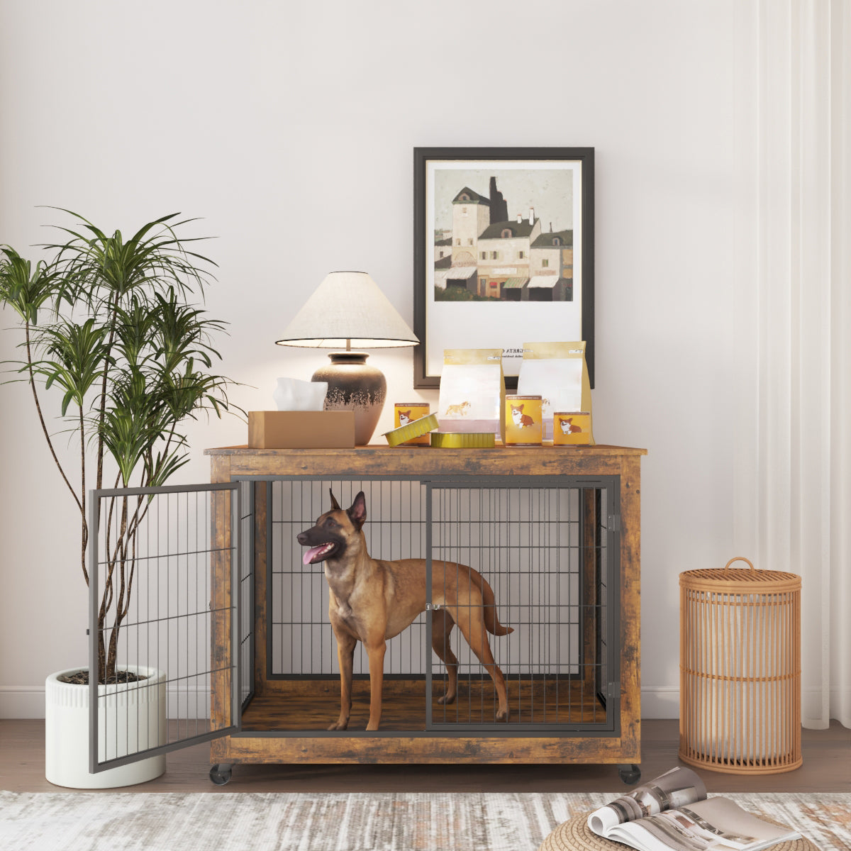 Furniture Style Dog Crate Side Table on Wheels with Double Doors and Lift Top. Rustic Brown, 43.7&