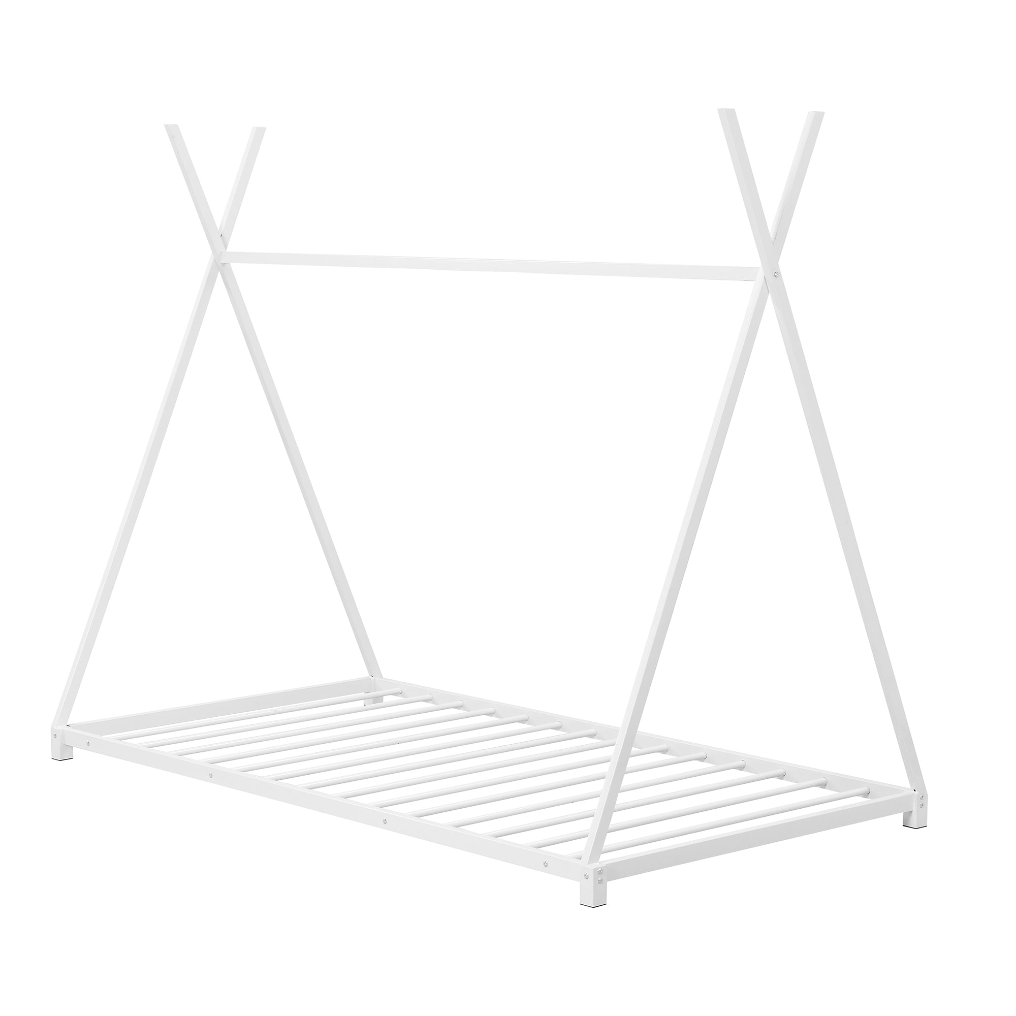 Metal Twin Size House Platform Bed with Triangle Structure White
