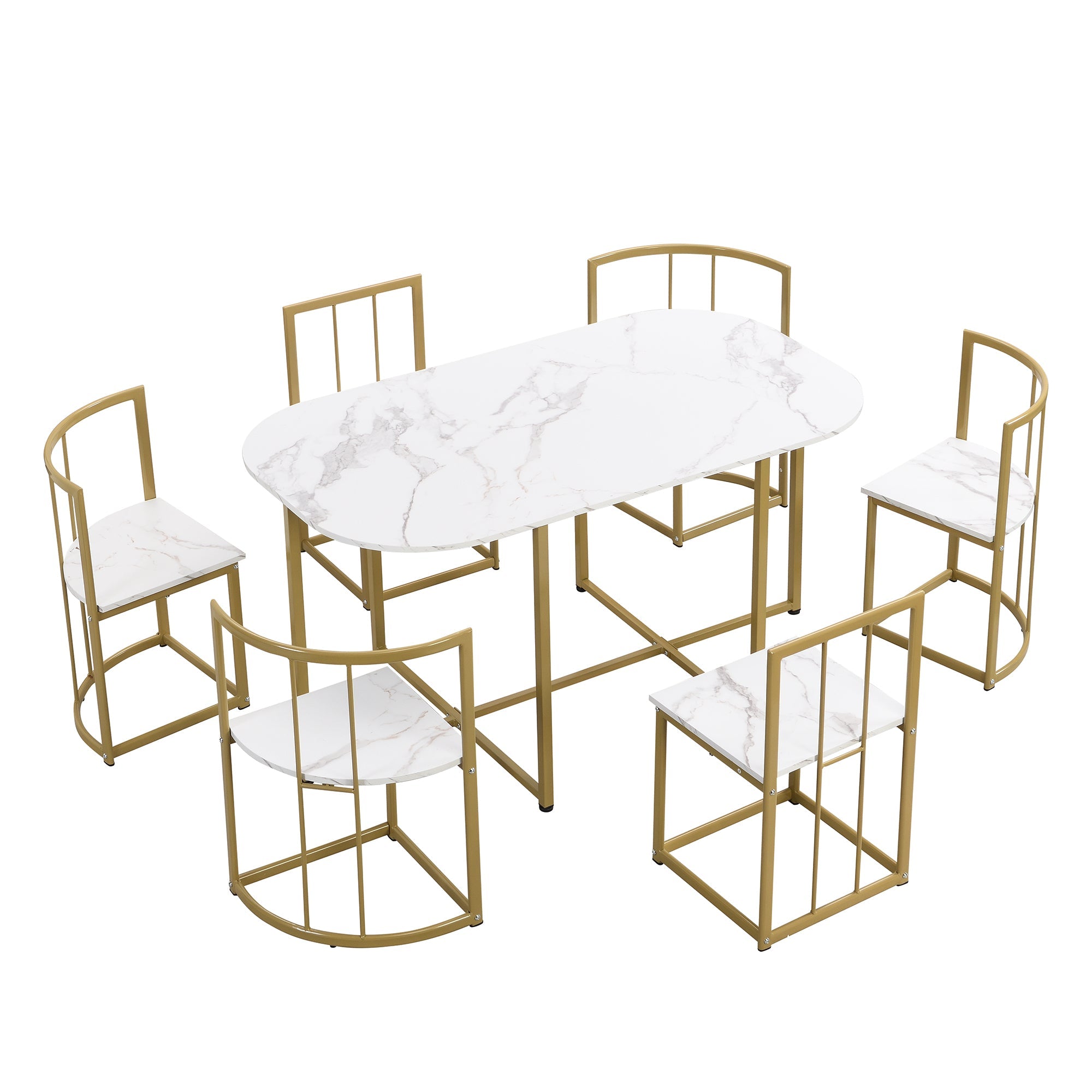 TOPMAX Modern 7-Piece Dining Table Set with Faux Marble Compact 55Inch Kitchen Table Set for 6 Golden+White