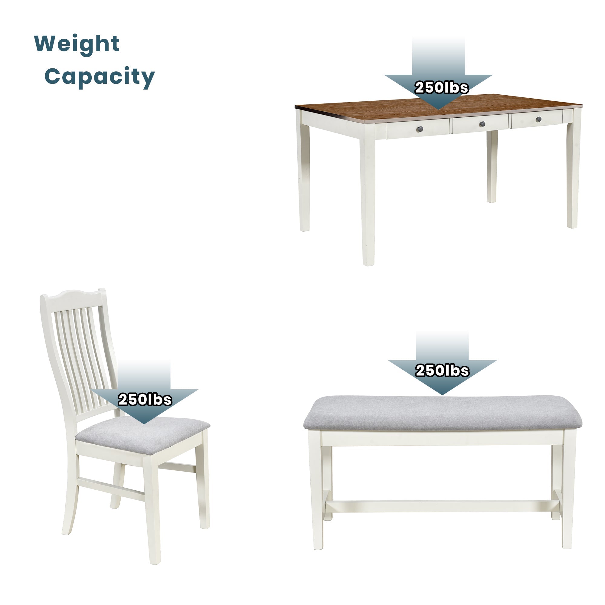 TOPMAX Mid-Century 6-Piece Wood Dining Table Set, Kitchen Table Set with Drawer Upholstered Chairs and Bench Butter Milk