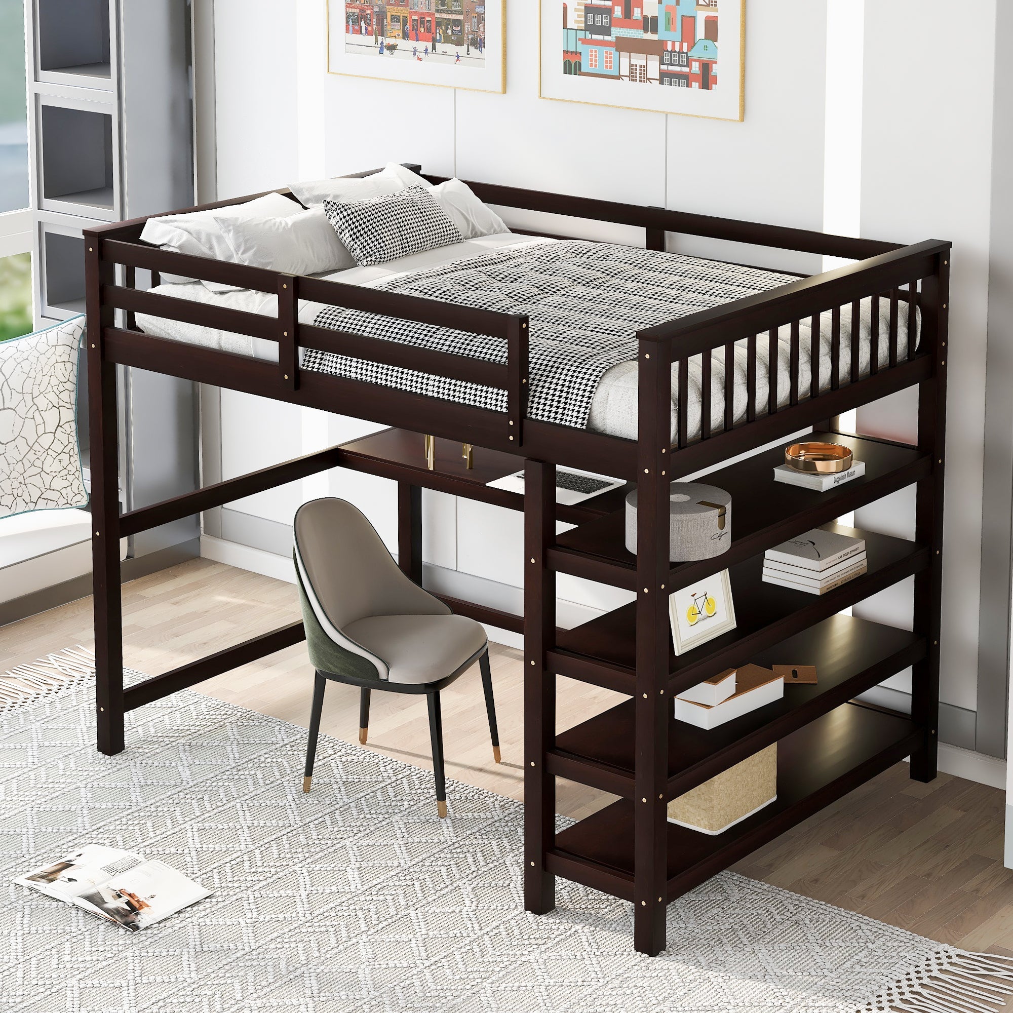 Full Size Loft Bed with Storage Shelves and Under-bed Desk Espresso