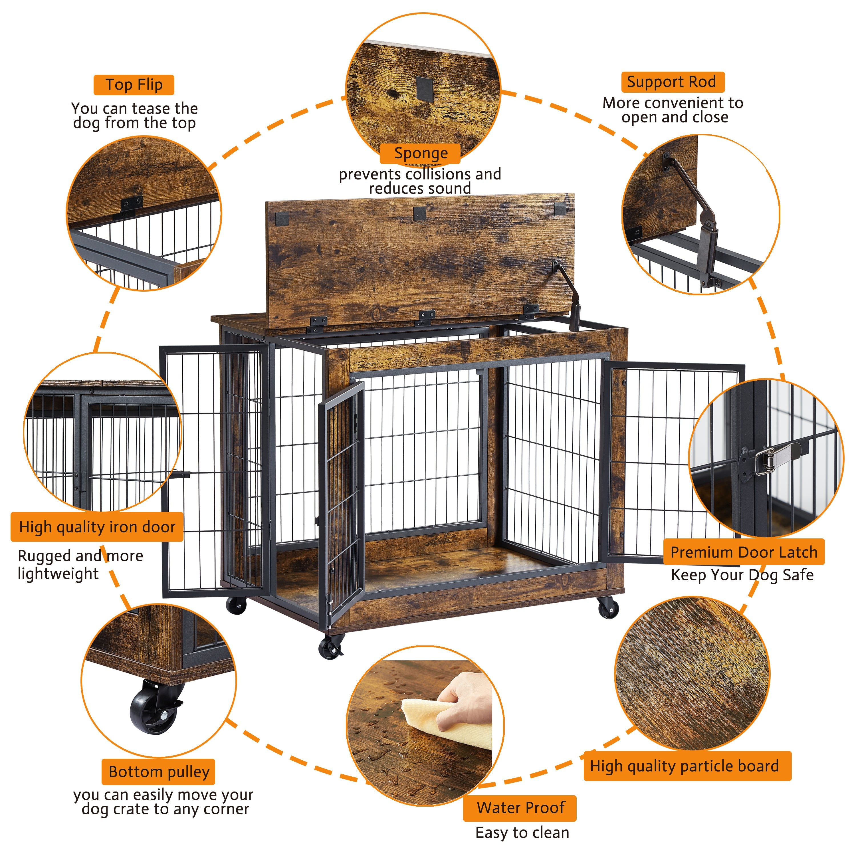 Furniture Style Dog Crate Side Table on Wheels with Double Doors and Lift Top. Rustic Brown, 31.50&