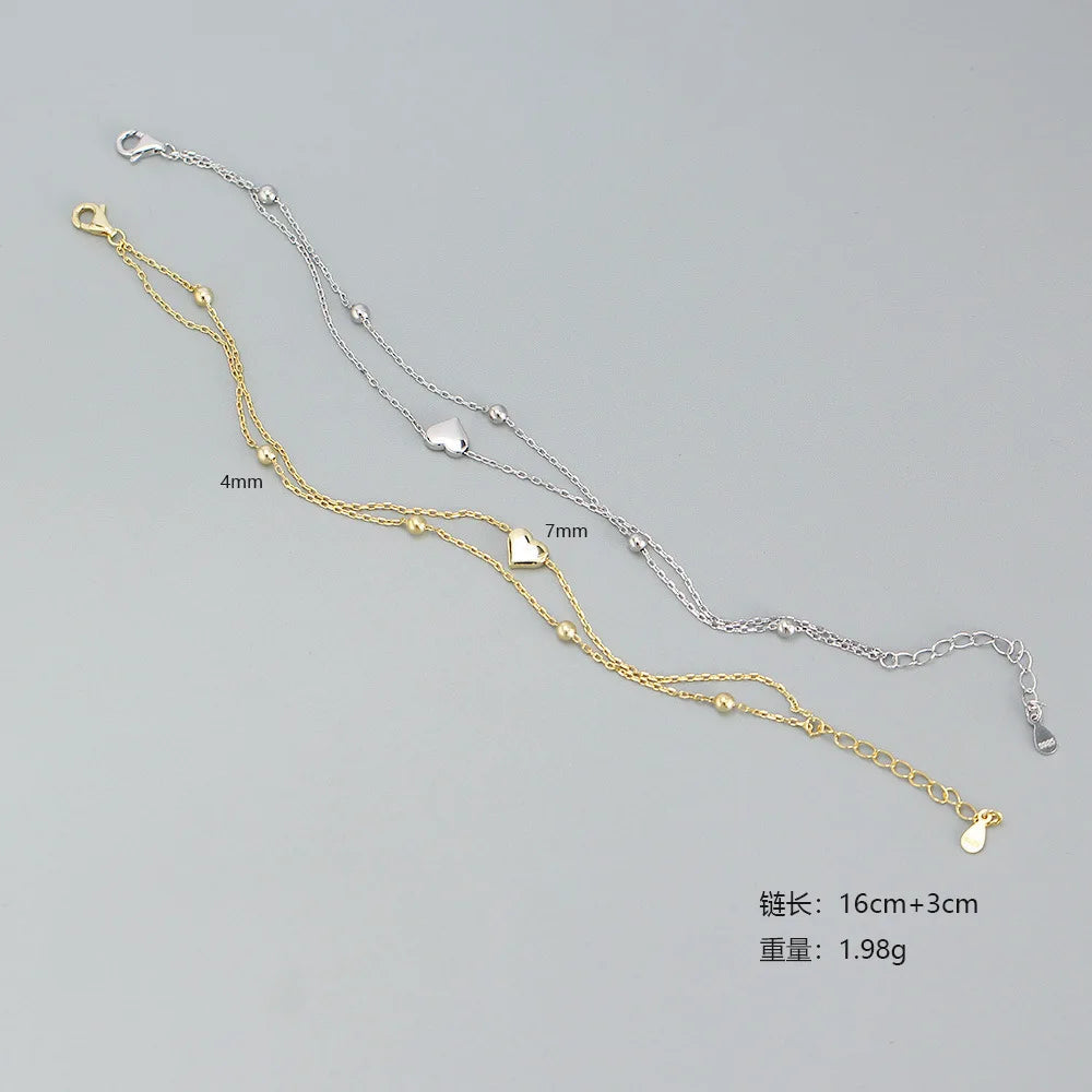 925 Sterling Silver Double Layer Heart-shaped Bracelet for Women Girl Korean Style Small Fresh Summer Bracelet