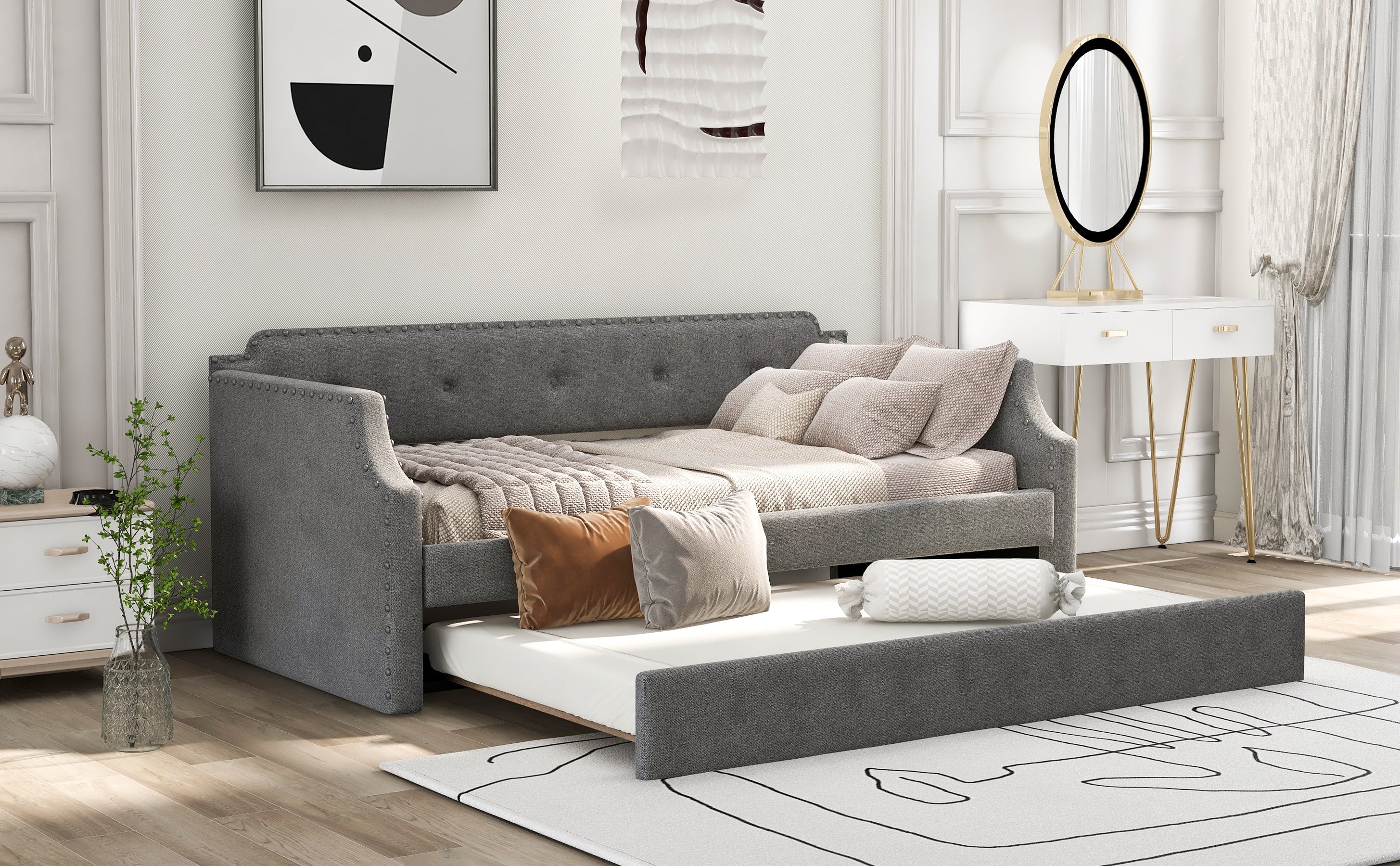 Upholstered Daybed with Trundle, Wood Slat Support,Upholstered Frame Sofa Bed Twin Gray
