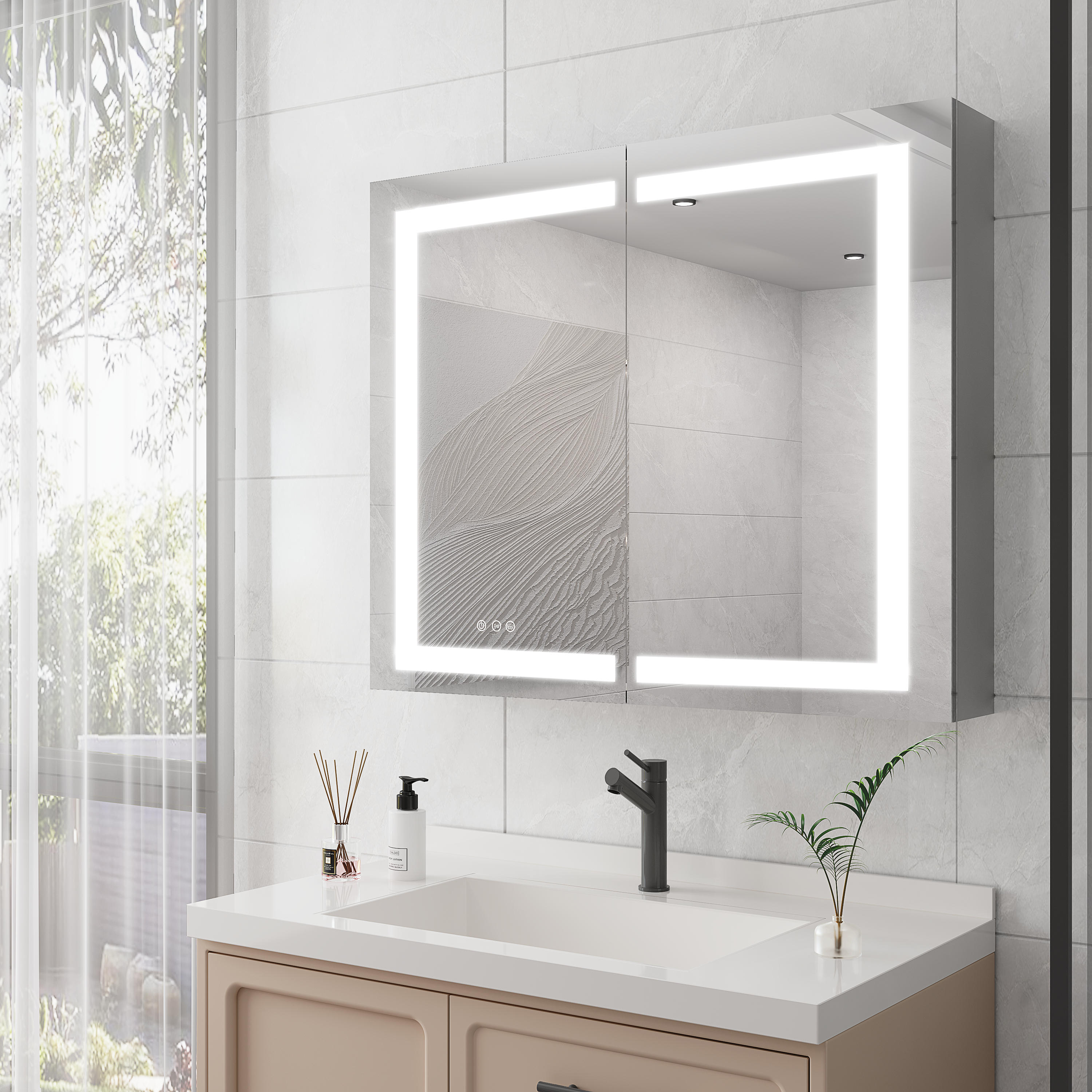 36 x 30 inch Medicine Cabinet with LED Vanity Mirror Anti-Fog Recessed or Surface Mount Waterproof DimmableAluminum 3000K~6000K Lighted Double Door Bathroom Cabinet with Touch Switch