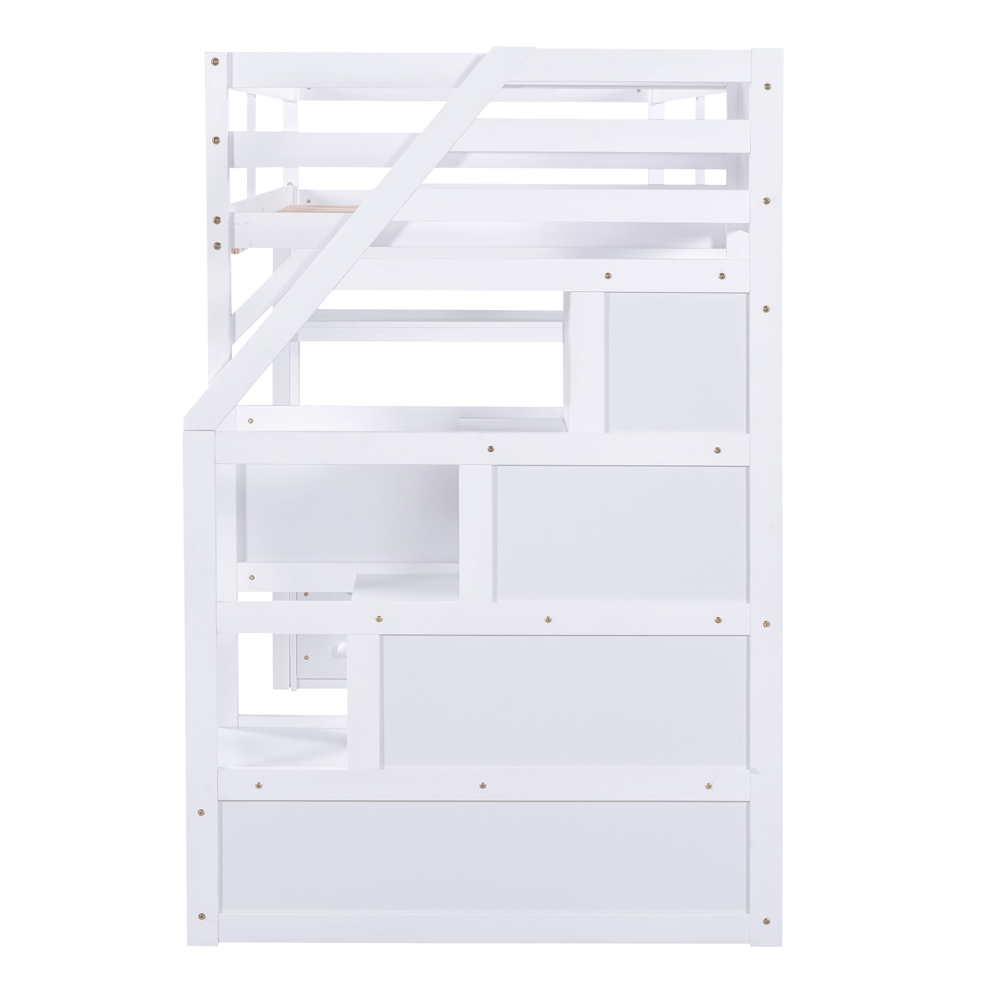 Twin Size Loft Bed with Desk and Shelves Two Built-in Drawers Storage Staircase White