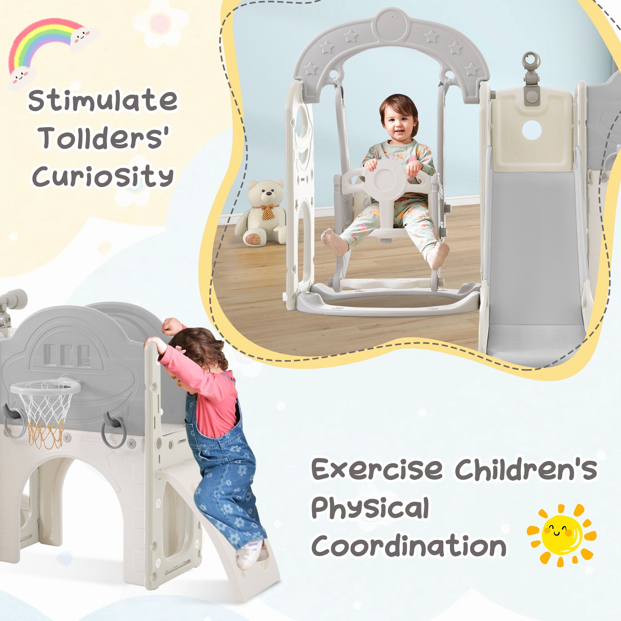 Toddler Slide and Swing Set 7 in 1, Kids Playground Climber Slide Playset with Basketball Hoop Freestanding Combination