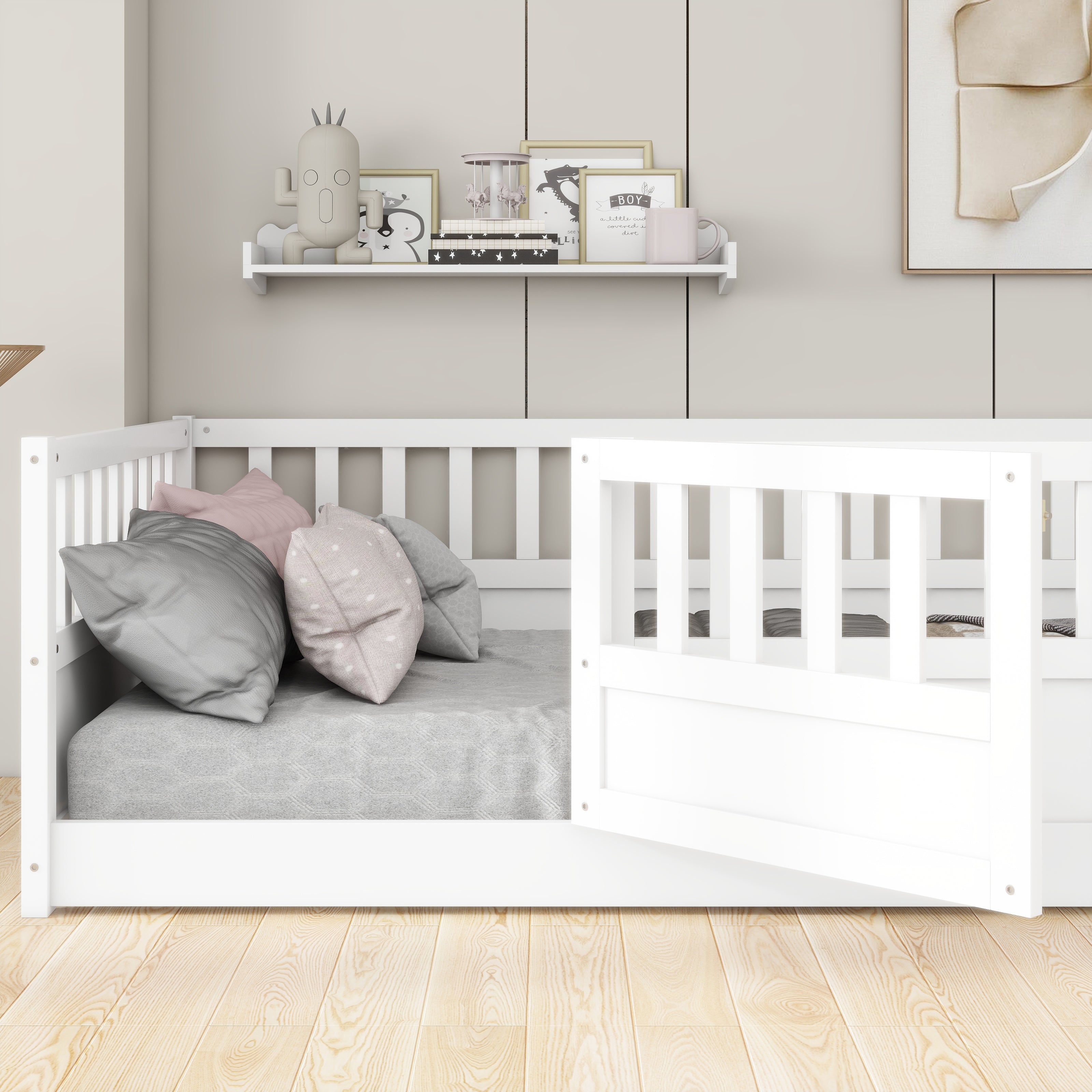 Double bed floor standing bed with ultra-high safety barrier, children&