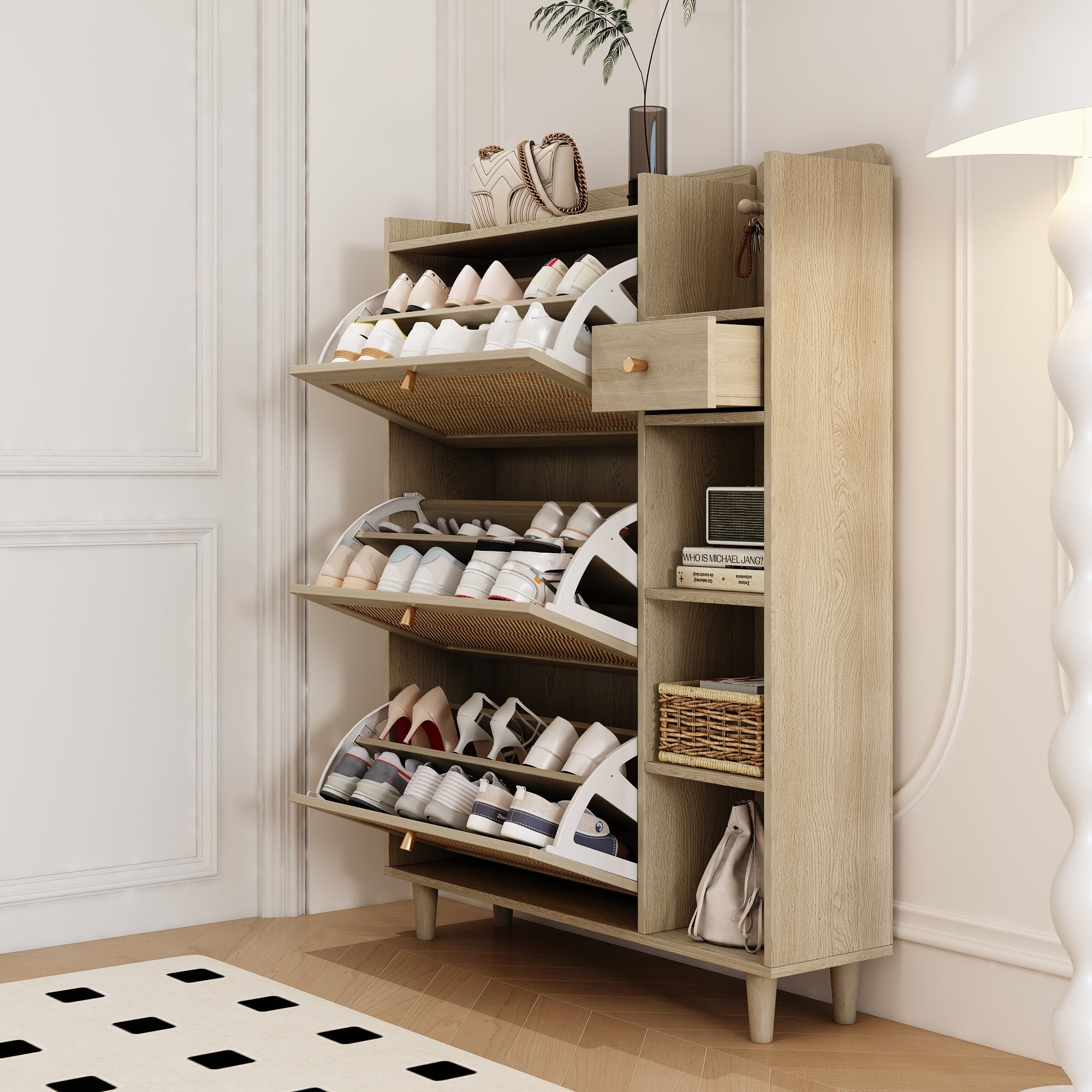 Natural Bohemian style shoe cabinet with 3 rattan flip drawers, 3 square shelves, and 1 storage drawer, Natural