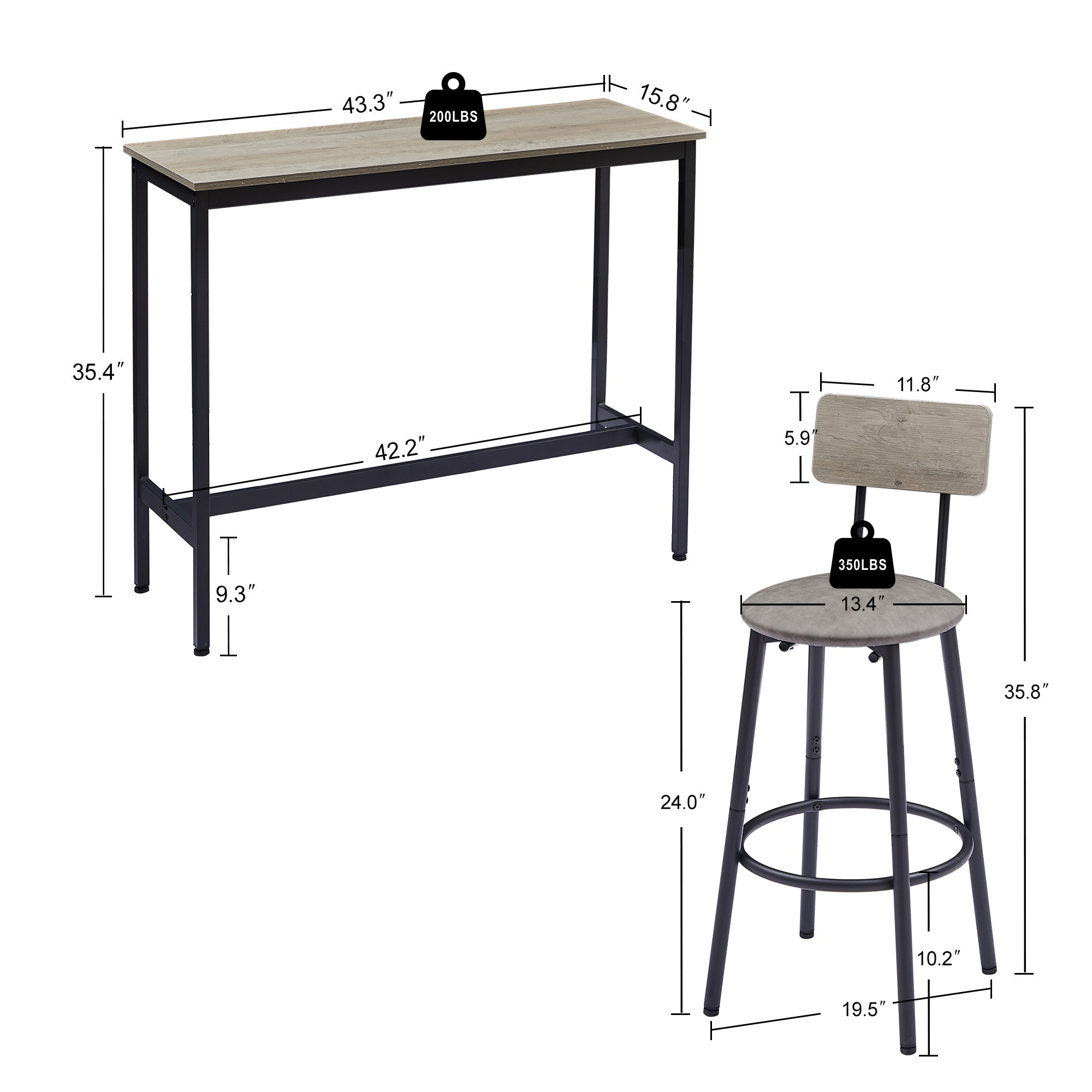 Bar Table Set with 2 Bar stools PU Soft seat with backrest Grey 43.31&