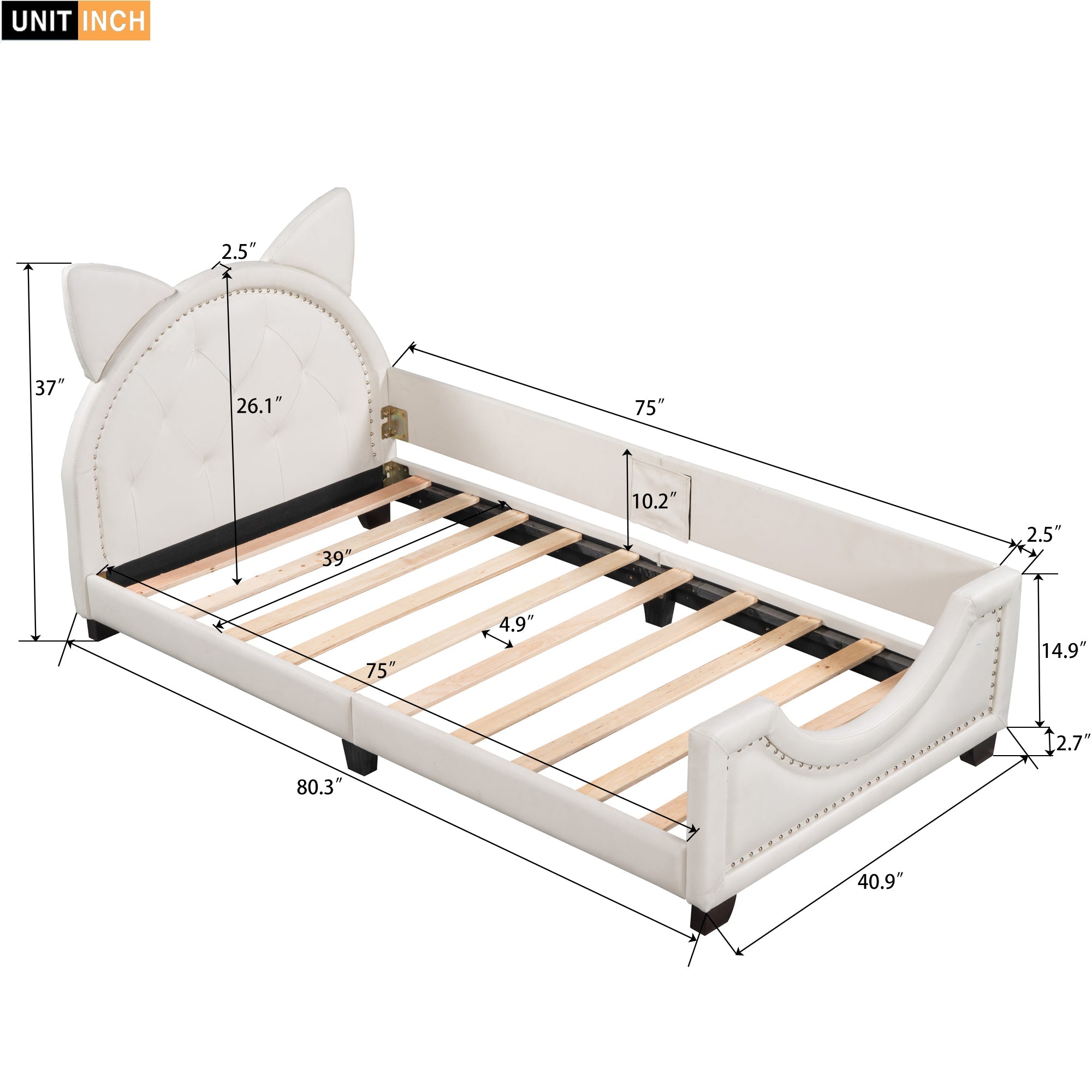 Twin Size Upholstered Daybed with Carton Ears Shaped Headboard White