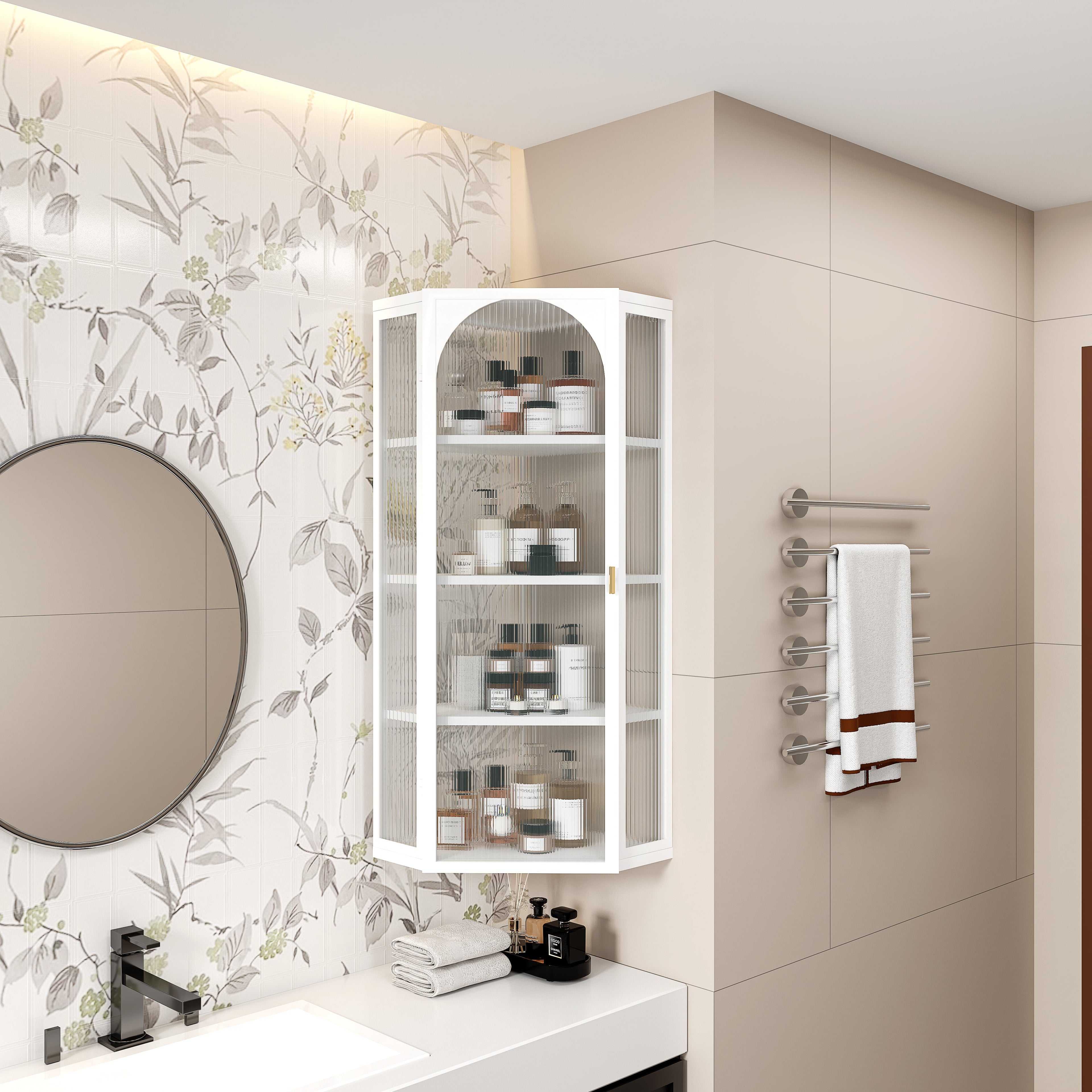 Glass Door Wall Mounted Corner Cabinet with Featuring Four-tier Storage White
