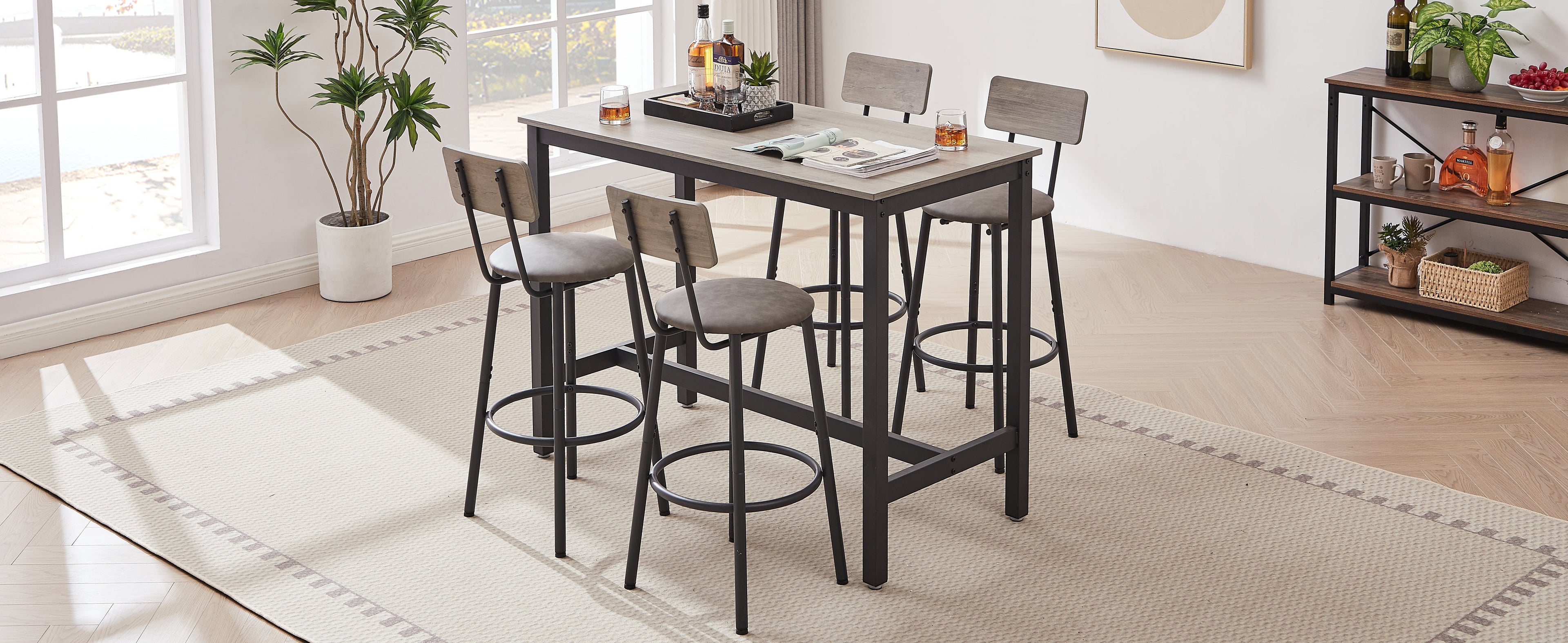 Bar Table Set with 4 Bar stools PU Soft seat with backrest Grey 47.24&
