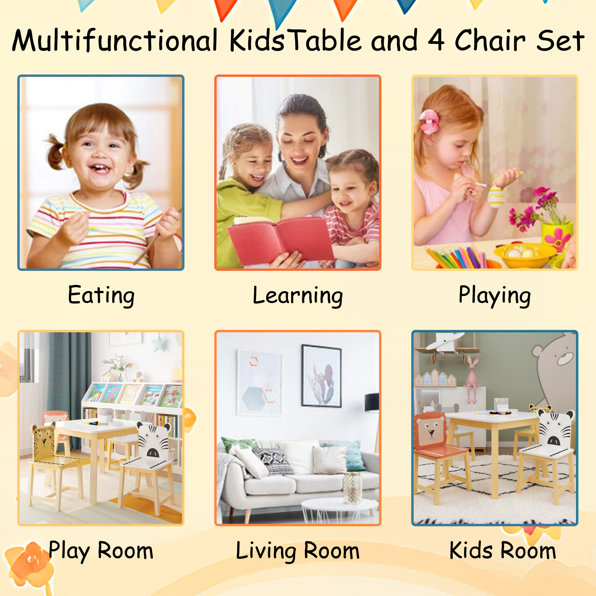 5 Piece Kiddy Table and Chair Set Kids Wood Table with 4 Chairs Set Cartoon Animals (bigger table) (3-8 years old)