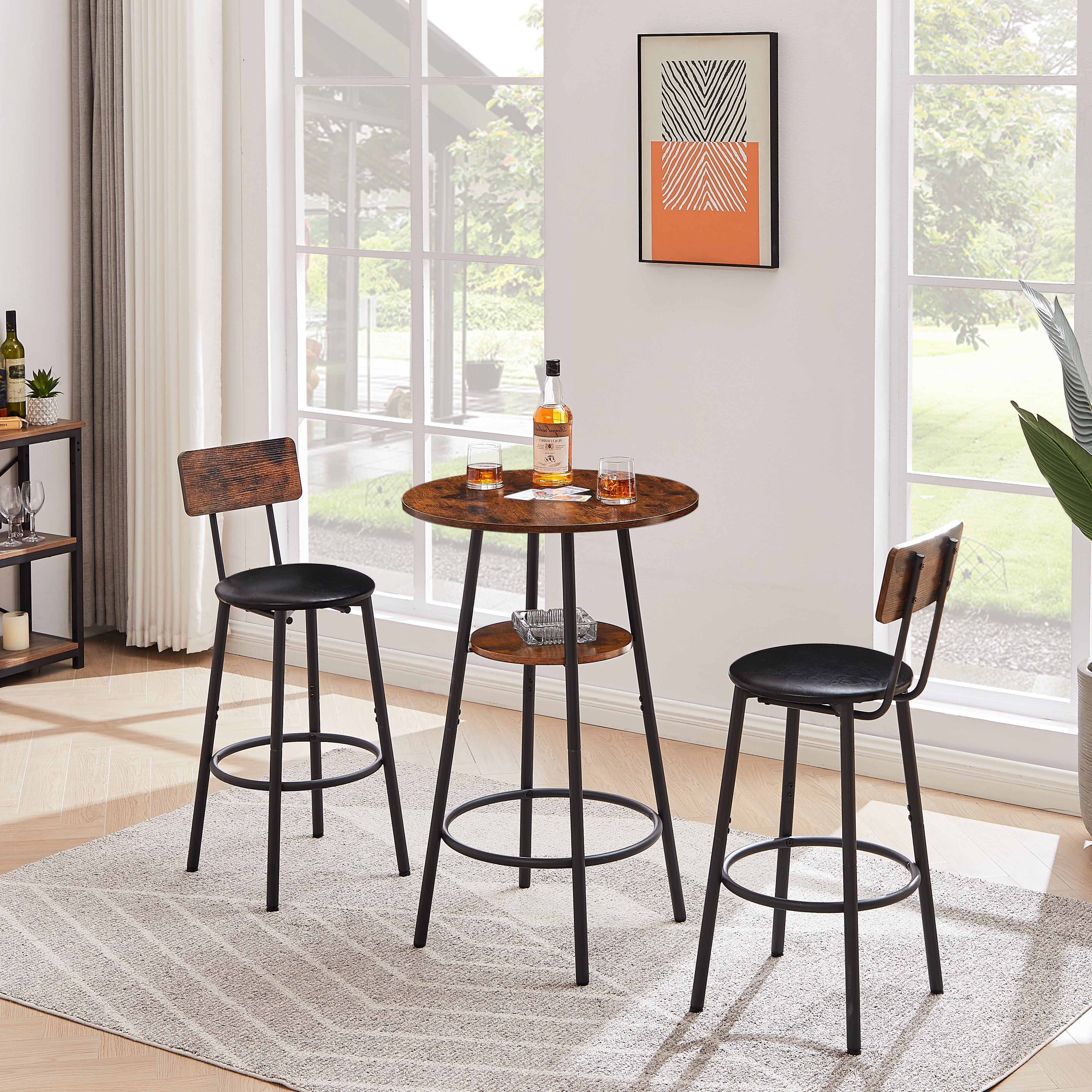 Round bar stool set with shelf upholstered stool with backrest Rustic Brown 23.62&