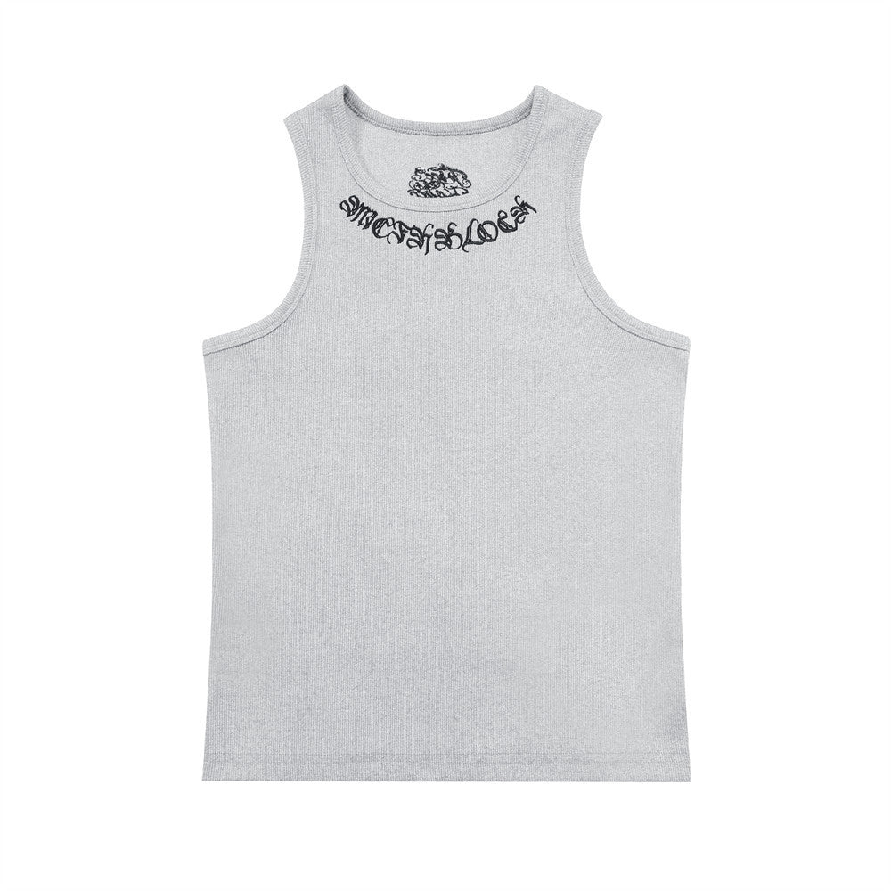 Gothic Letter Embroidery Ribbed Tank Top Men&