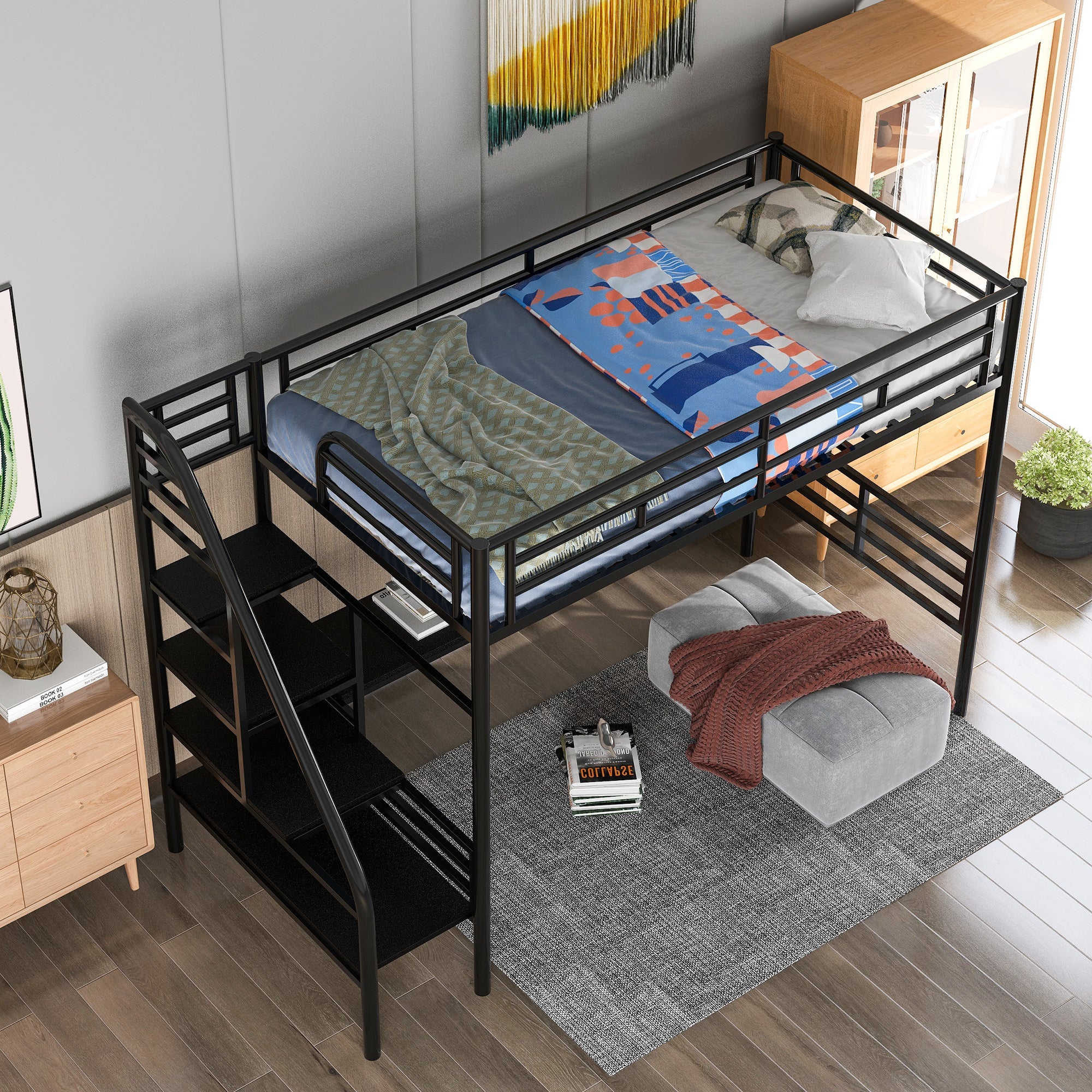 Metal Loft Bed Frame with Desk No Box Spring Needed Twin Black