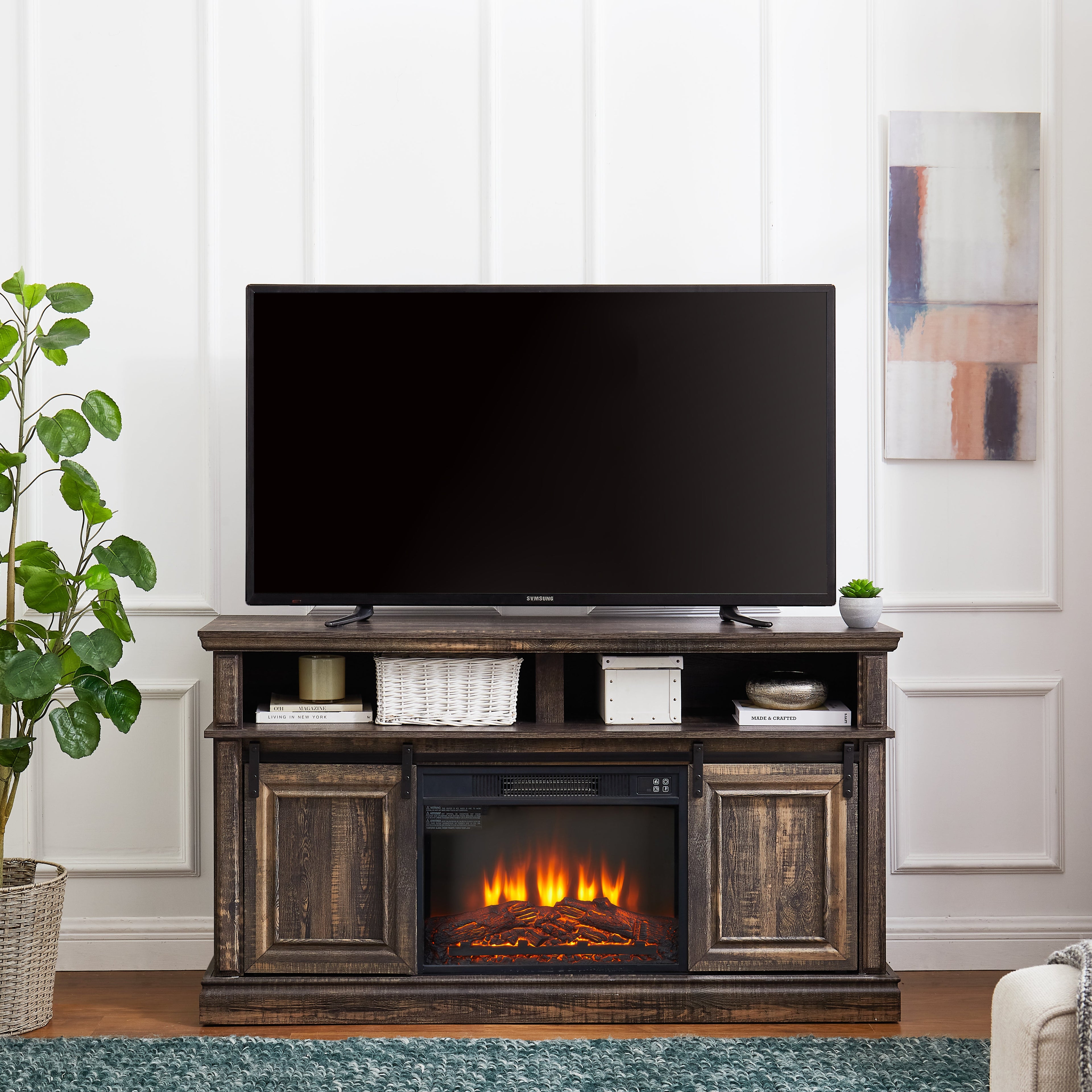 Entertainment console multifunctional sliding door cabinet with 23 inch fireplace 58.11 &