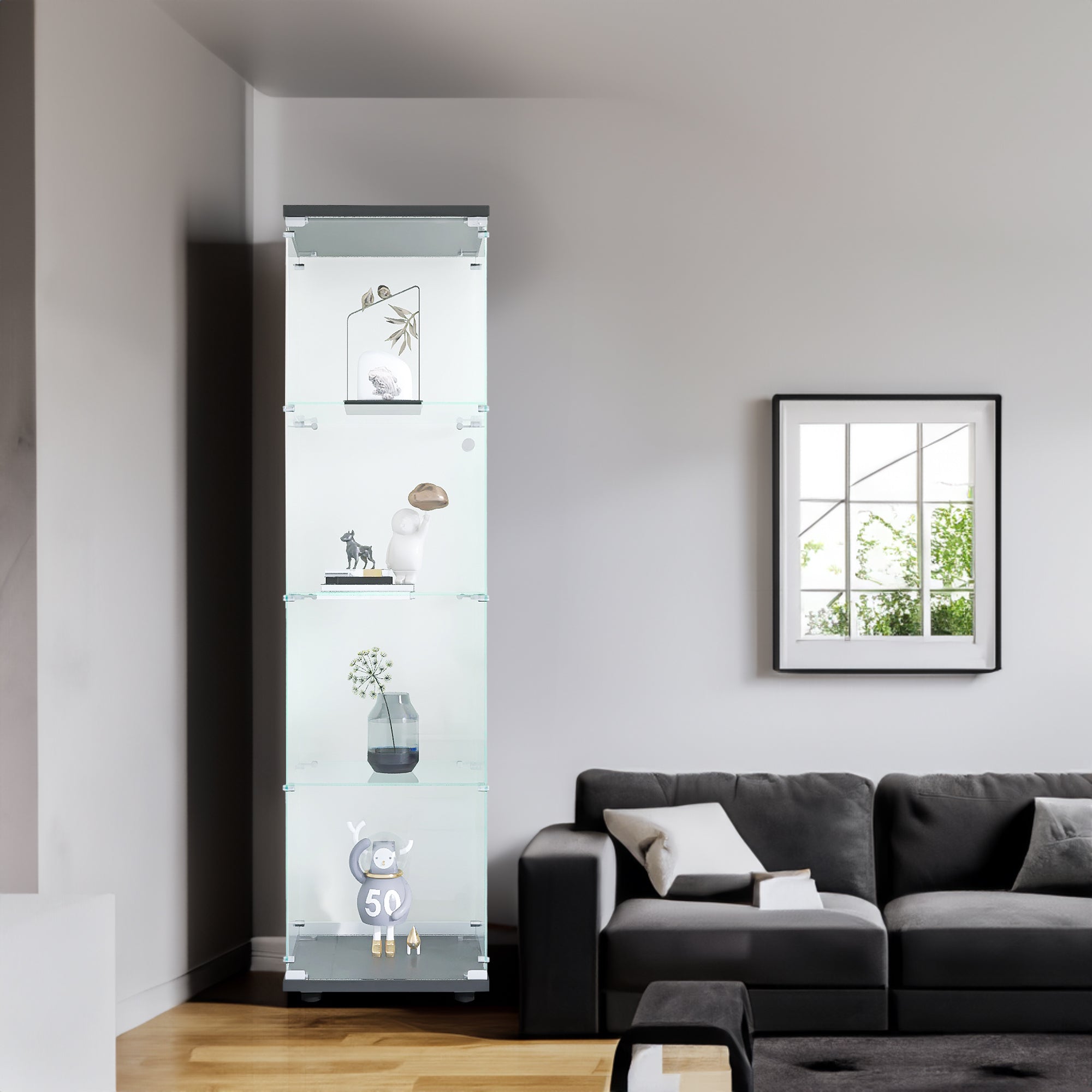 4 glass display cabinets with door shelves, floor standing antique bookshelf, 64.7 "* 16.7" * 14.3 ", black
