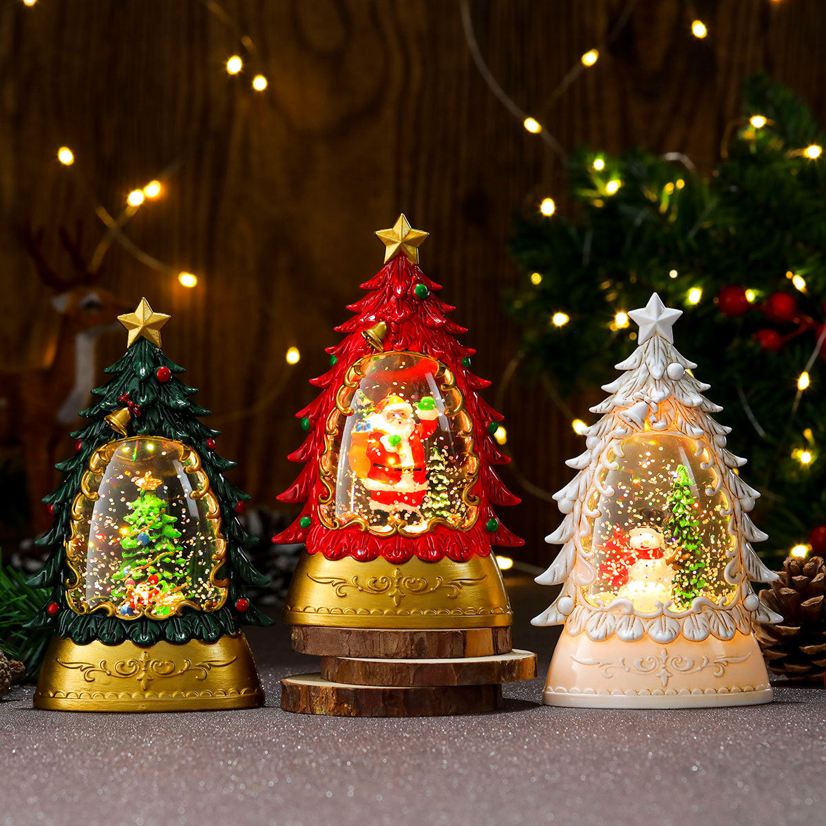 Christmas gifts, painted Christmas trees, glowing candles, oil lamps, children&
