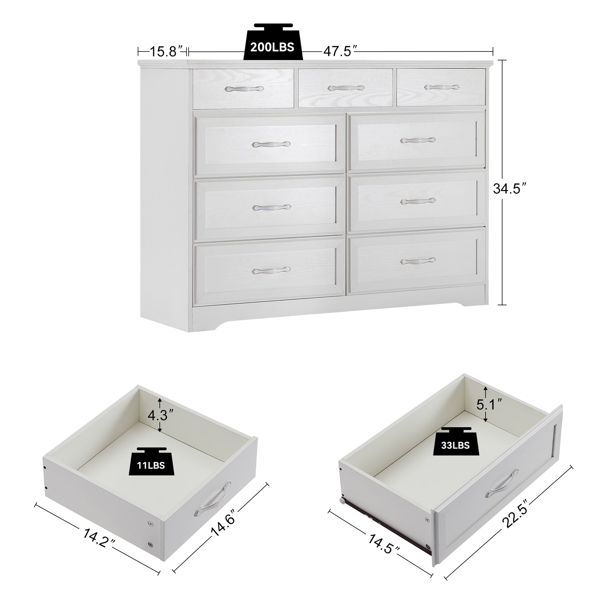 Bedroom dresser 9 drawer long dresser with antique handles wood chest of drawers for kids room 47.56&