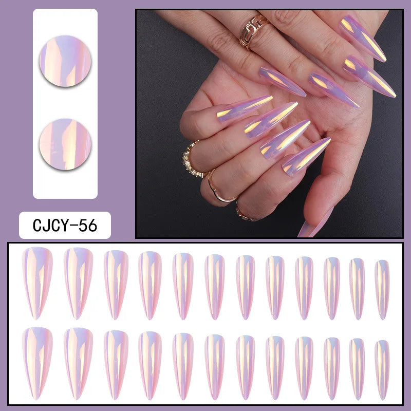 24 unghie finte in ABS con motivo a spillo lungo 1 gel di gelatina 1 lima per unghie a colori casuali per l&