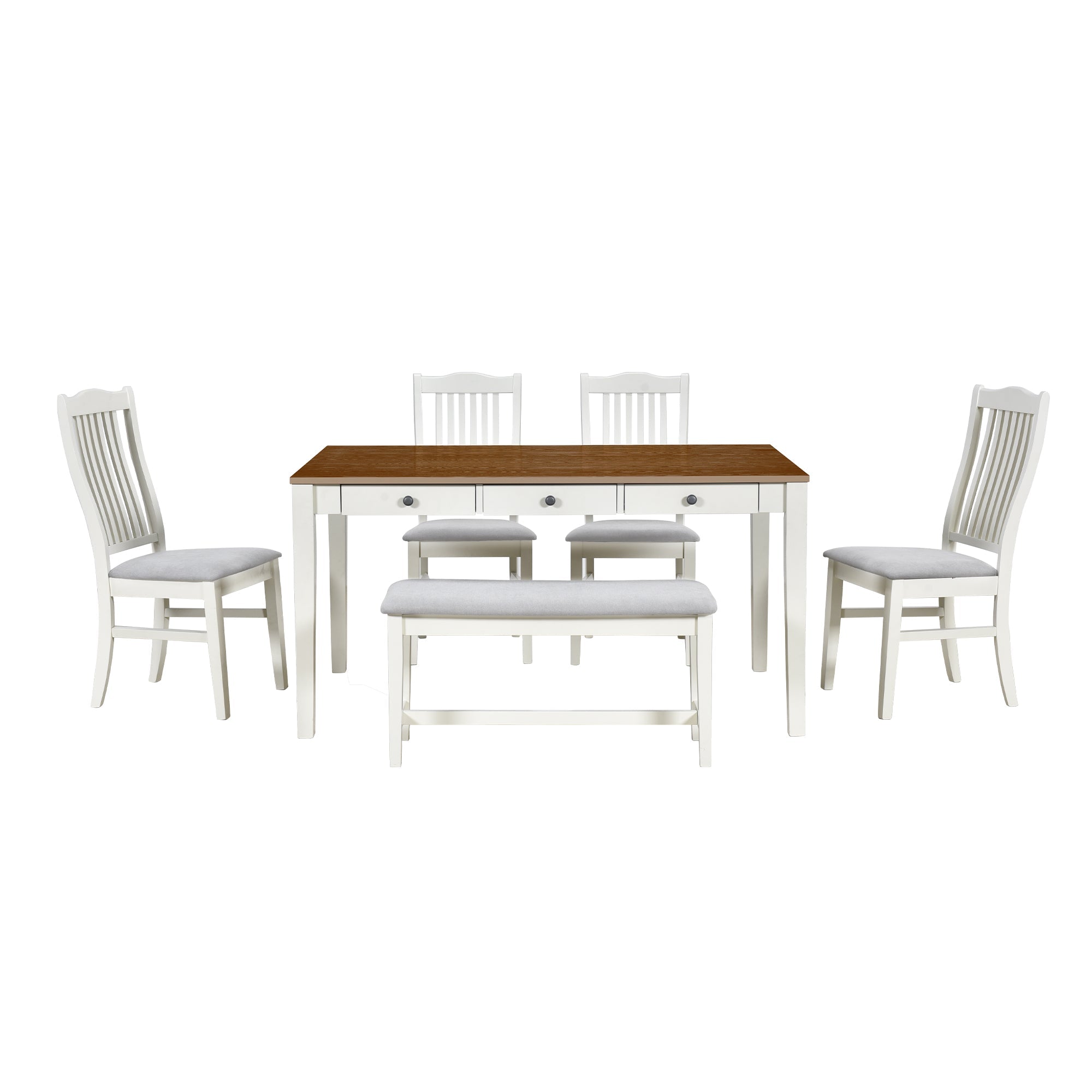 TOPMAX Mid-Century 6-Piece Wood Dining Table Set, Kitchen Table Set with Drawer Upholstered Chairs and Bench Butter Milk