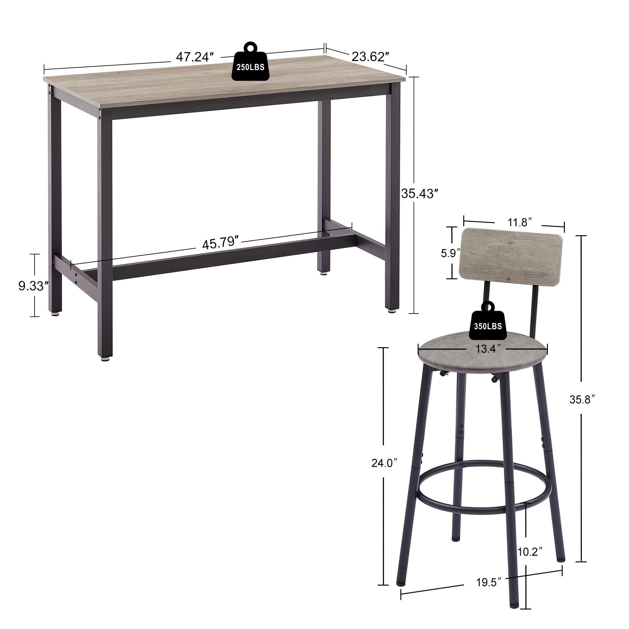 Bar Table Set with 4 Bar stools PU Soft seat with backrest Grey 47.24&