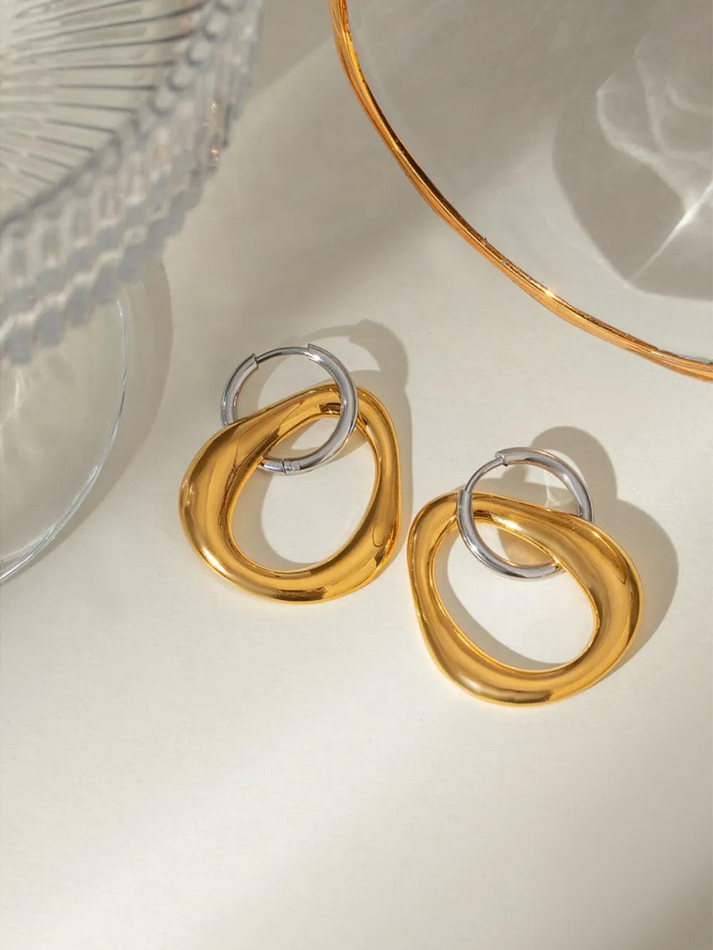 18K Gold-Plated Stainless Steel Contrast Asymmetrical Earrings