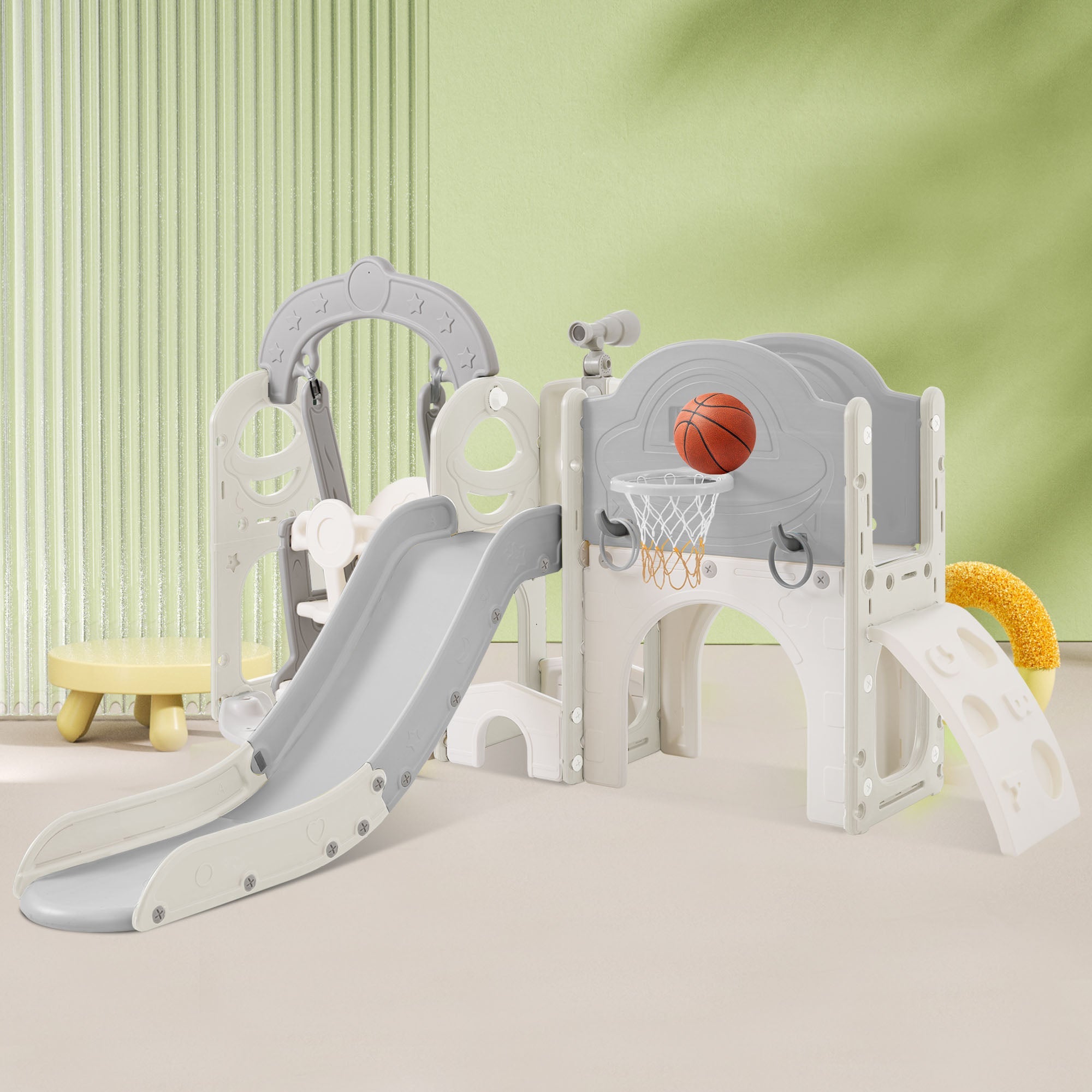 Toddler Slide and Swing Set 7 in 1, Kids Playground Climber Slide Playset with Basketball Hoop Freestanding Combination