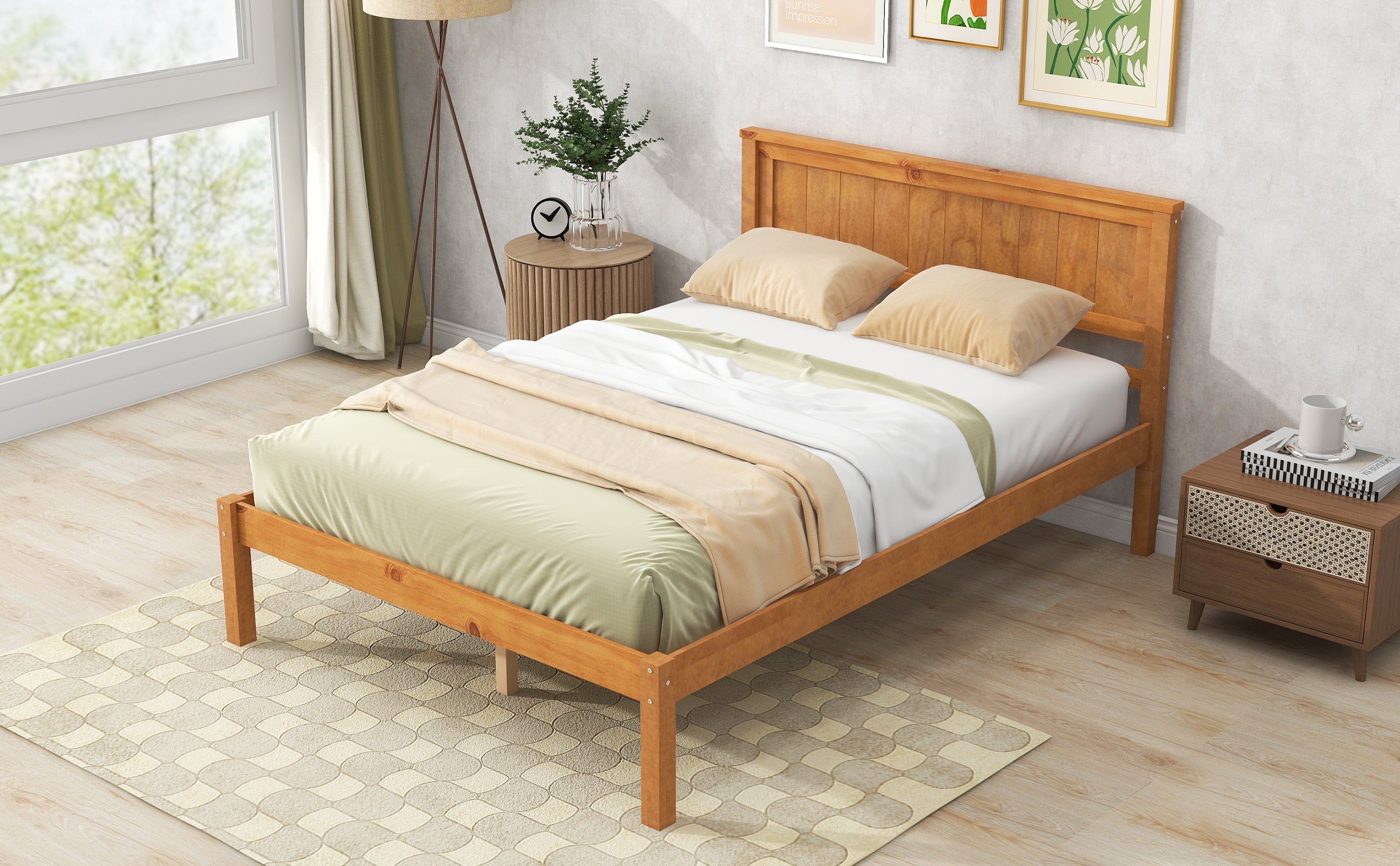 Platform Bed Frame with Headboard, Wood Slat Support No Box Spring Needed Full Oak