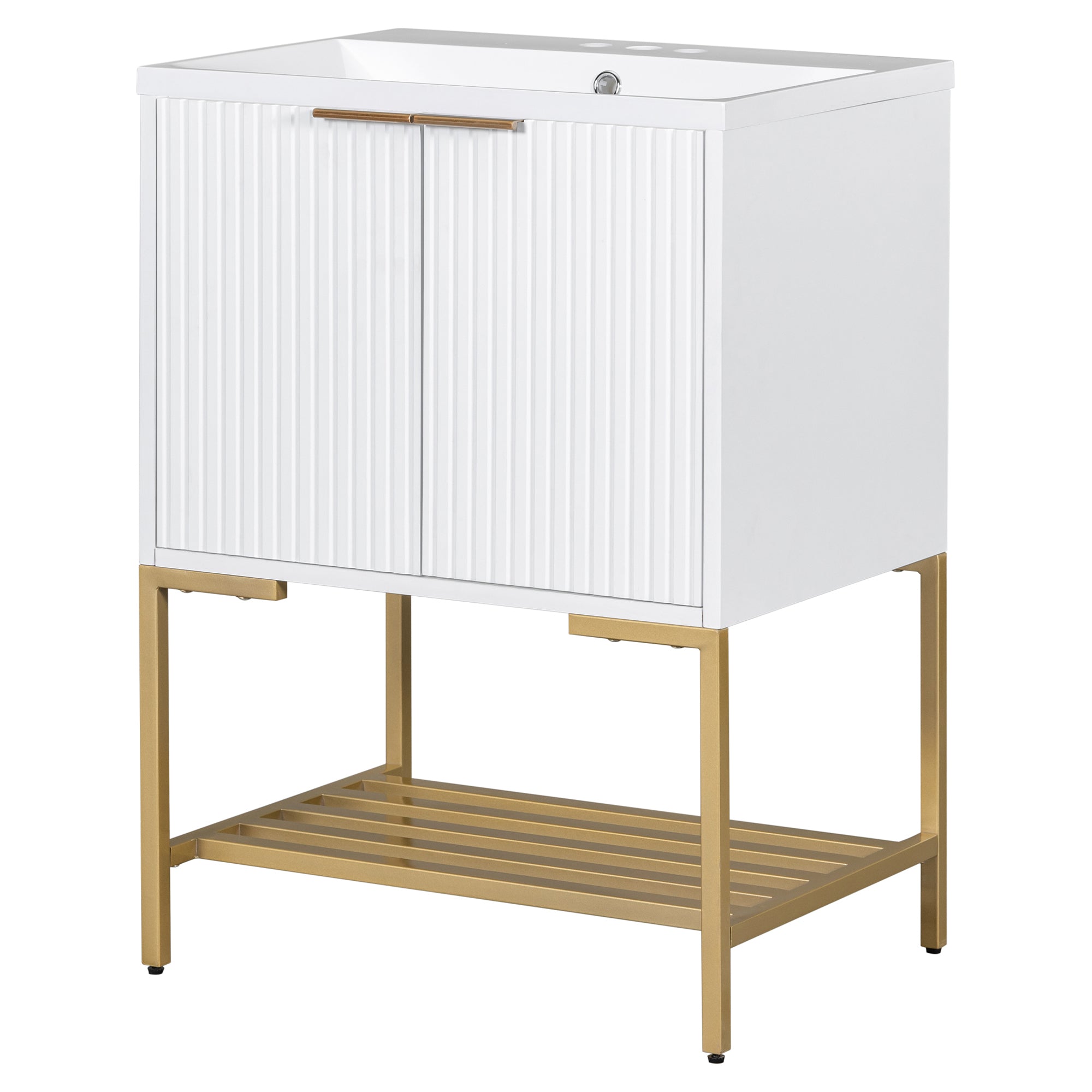 24" Bathroom Vanity with Sink, Bathroom Vanity Cabinet with Two Doors and Gold Metal Frame, Open Storage Shelf, White