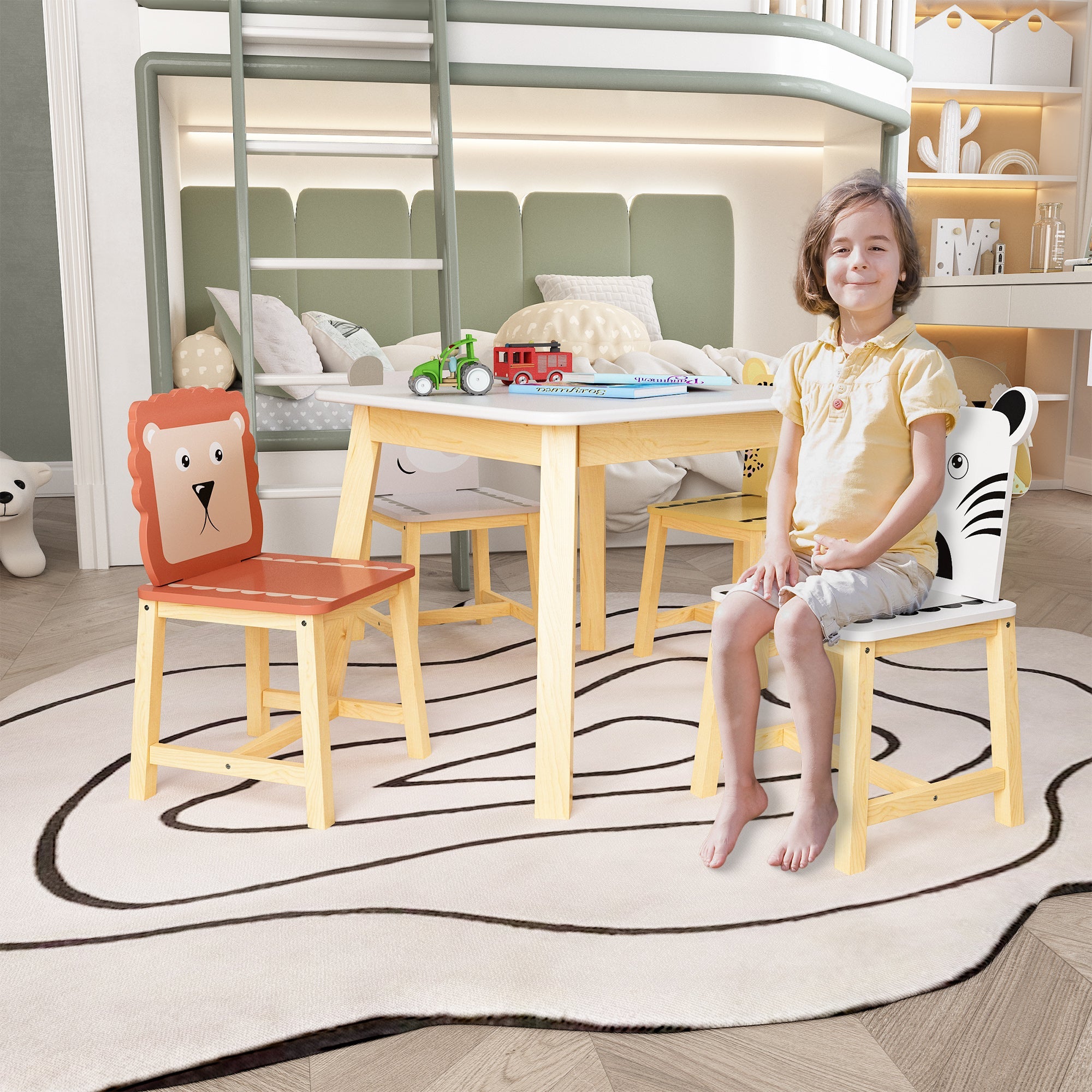 5 Piece Kiddy Table and Chair Set Kids Wood Table with 4 Chairs Set Cartoon Animals (bigger table) (3-8 years old)