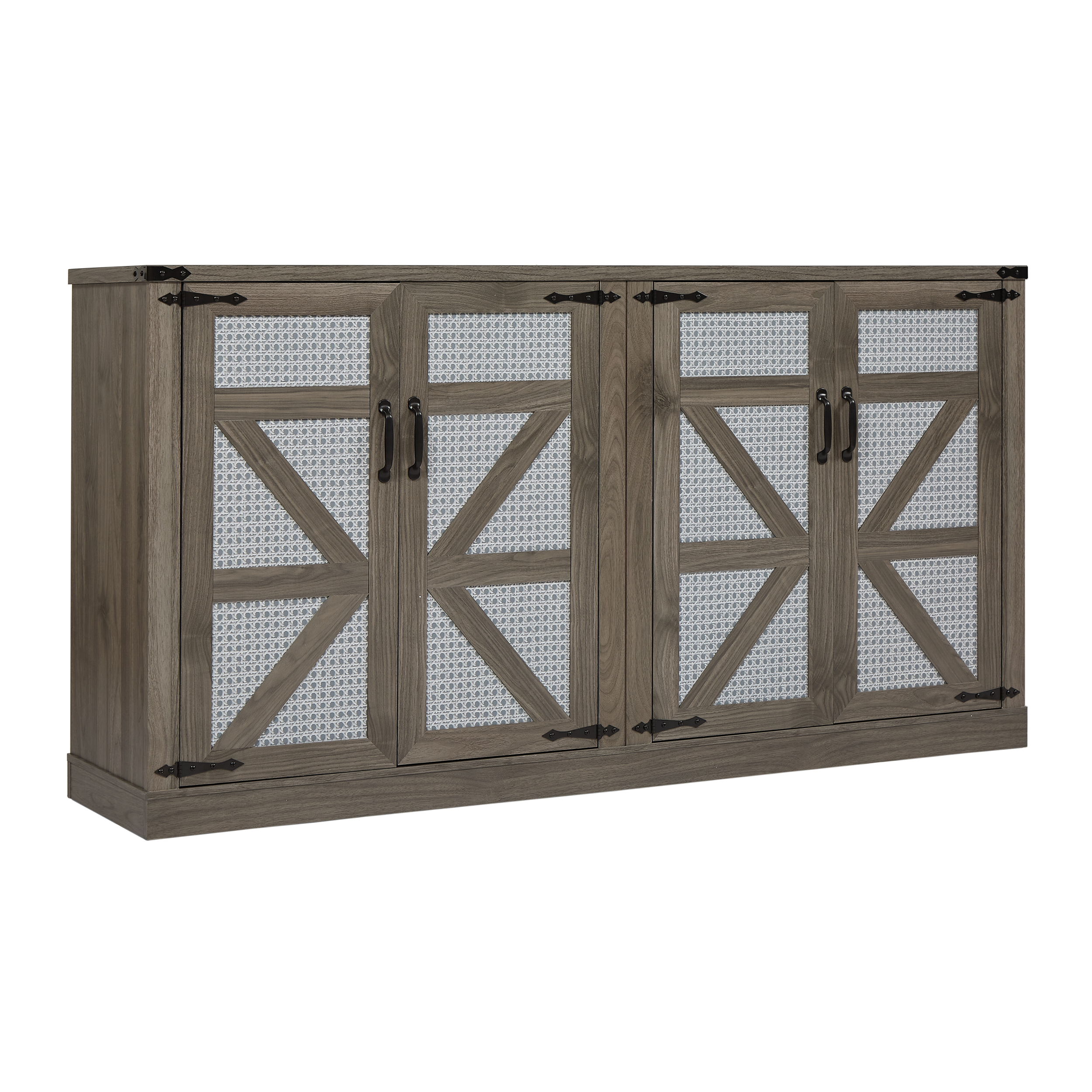 65-Inch Slate Gray Faux Rattan Sideboard with Barn Doors Rustic Sideboard, 4-Door Storage for Living Room, Entryway, Bedroom