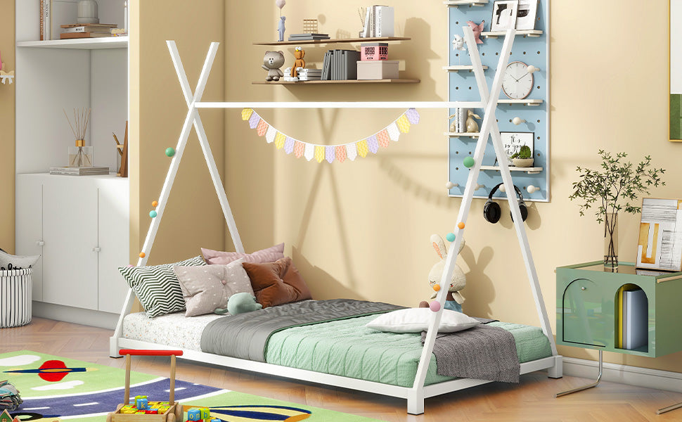 Metal Twin Size House Platform Bed with Triangle Structure White