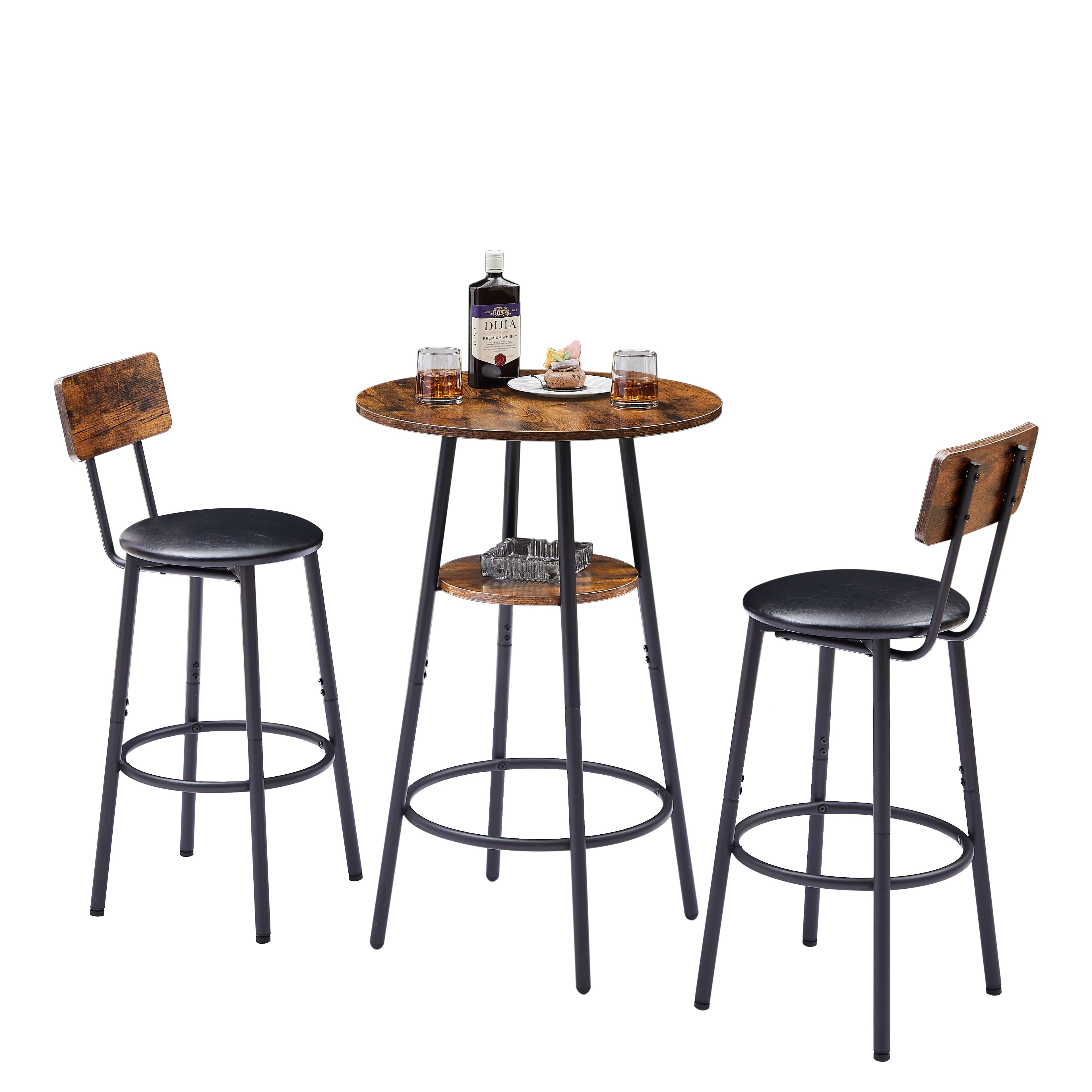 Round bar stool set with shelf upholstered stool with backrest Rustic Brown 23.62&