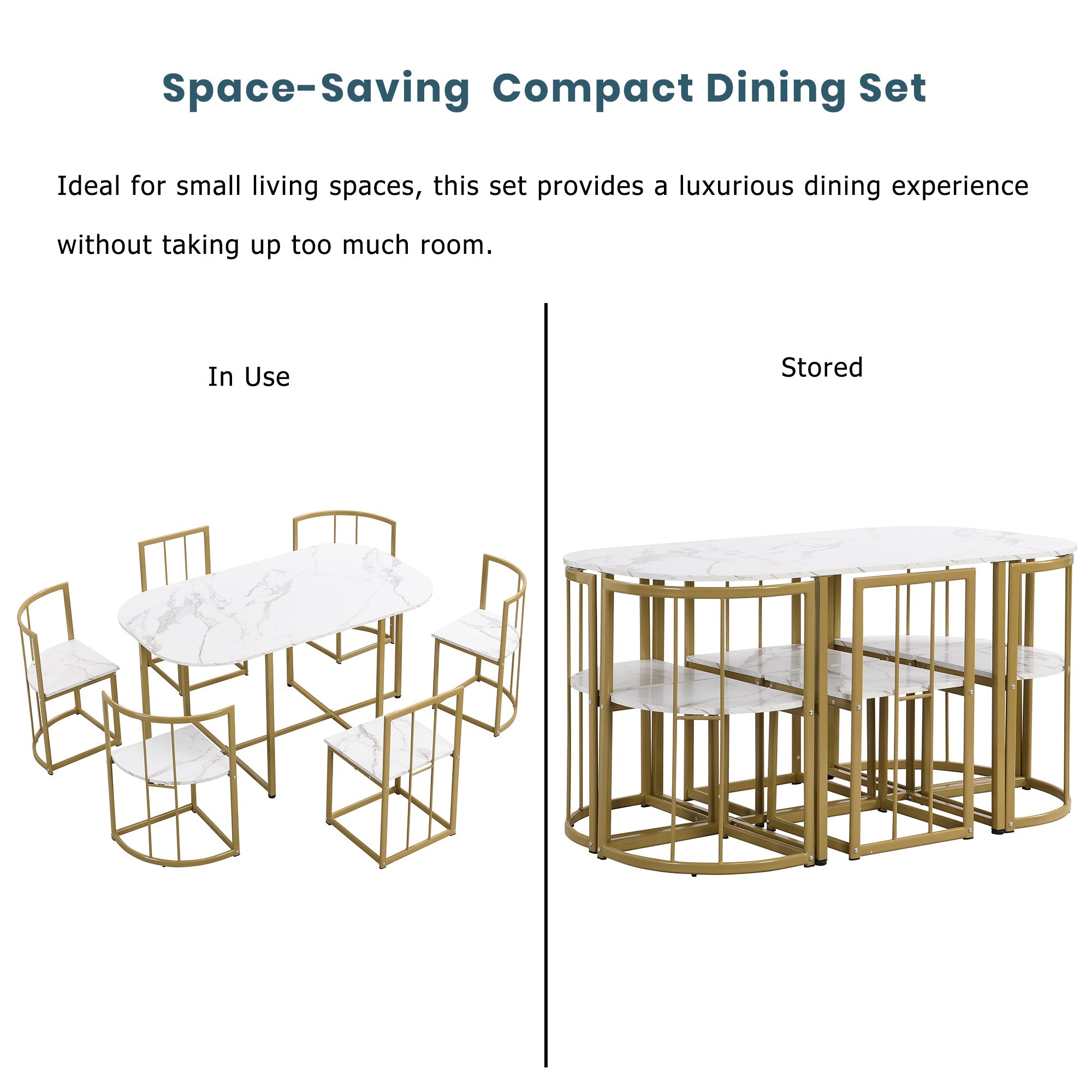 TOPMAX Modern 7-Piece Dining Table Set with Faux Marble Compact 55Inch Kitchen Table Set for 6 Golden+White