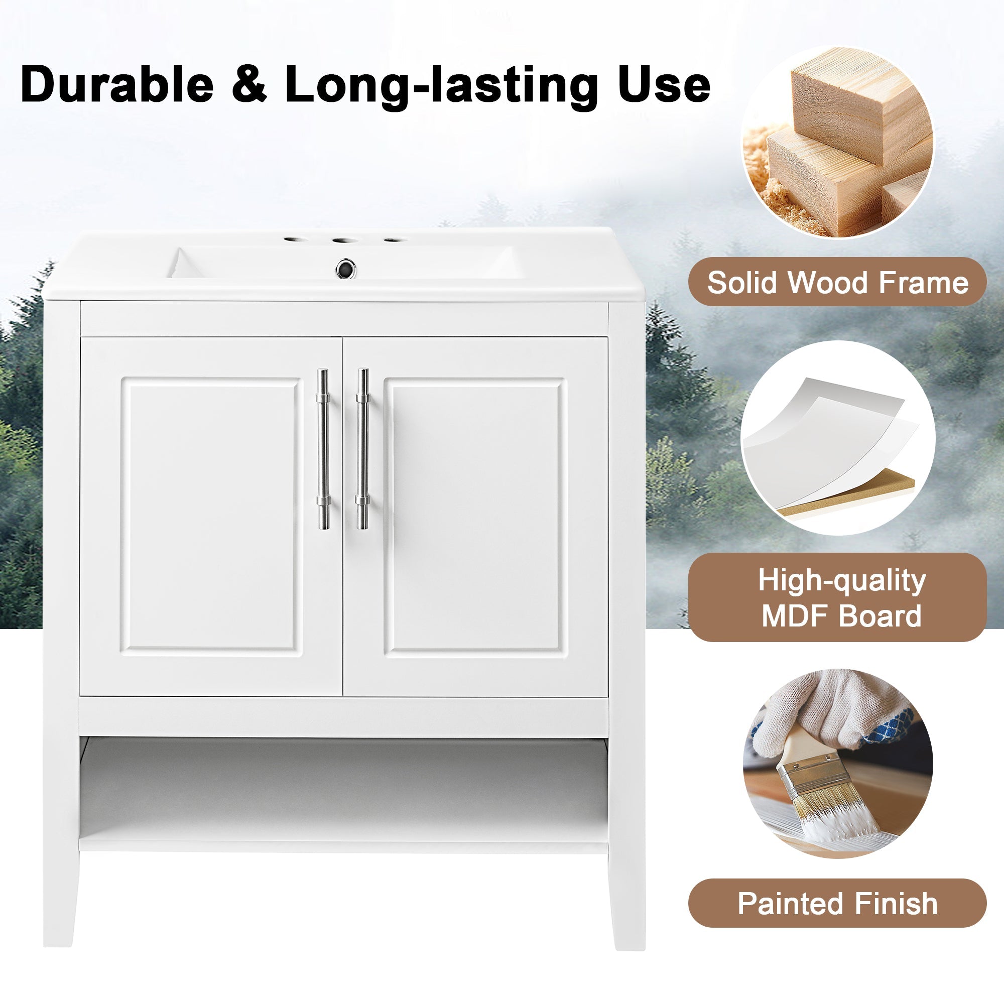 30" Bathroom Vanity with Sink Multi-functional Bathroom Cabinet with Doors and Drawers Solid Frame and MDF Board, White