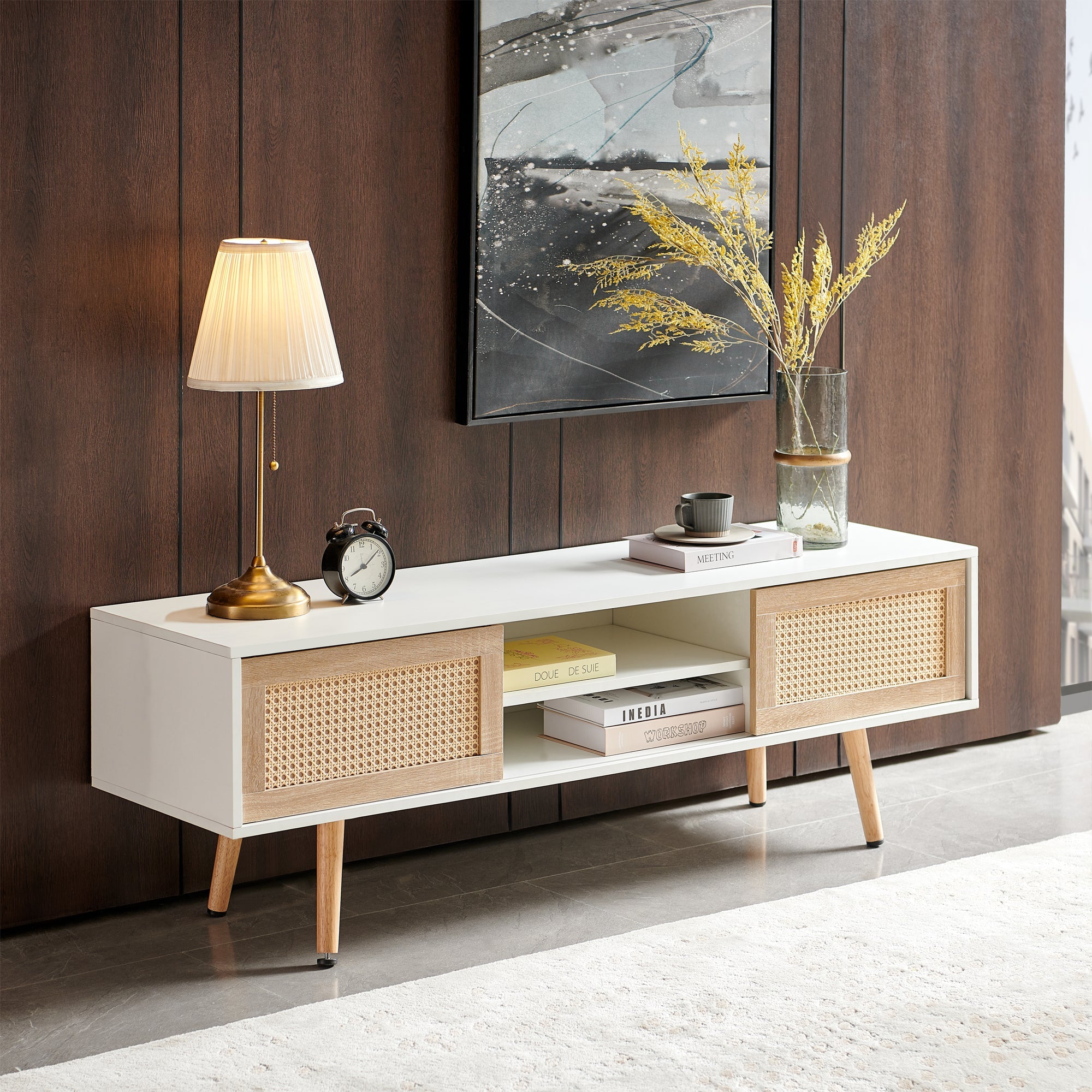55.12" Rattan TV cabinet double sliding doors for storage adjustable shelf solid wood legs TV console for living room White