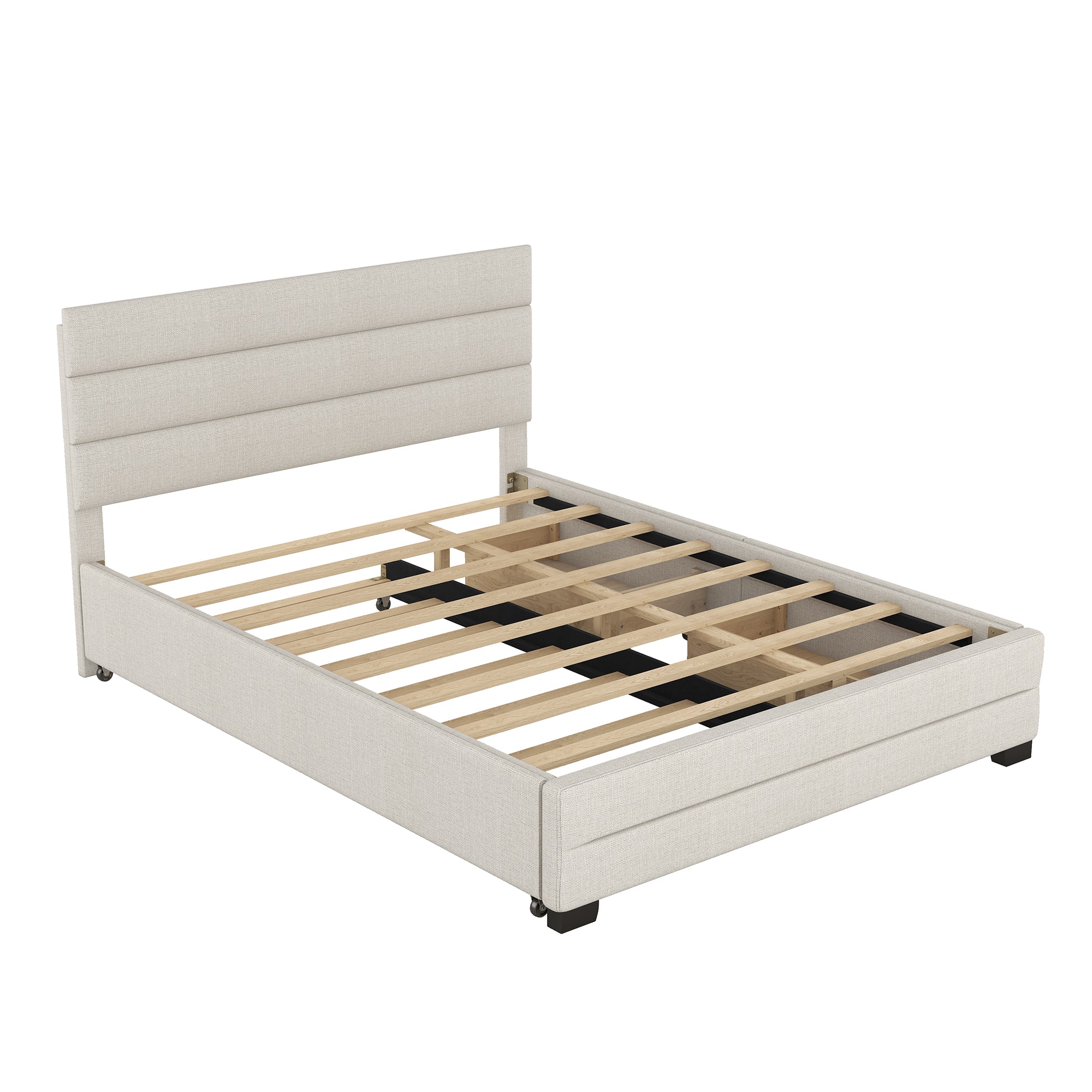 Queen Upholstered Platform Bed with Twin Size Trundle and Two Drawers Beige