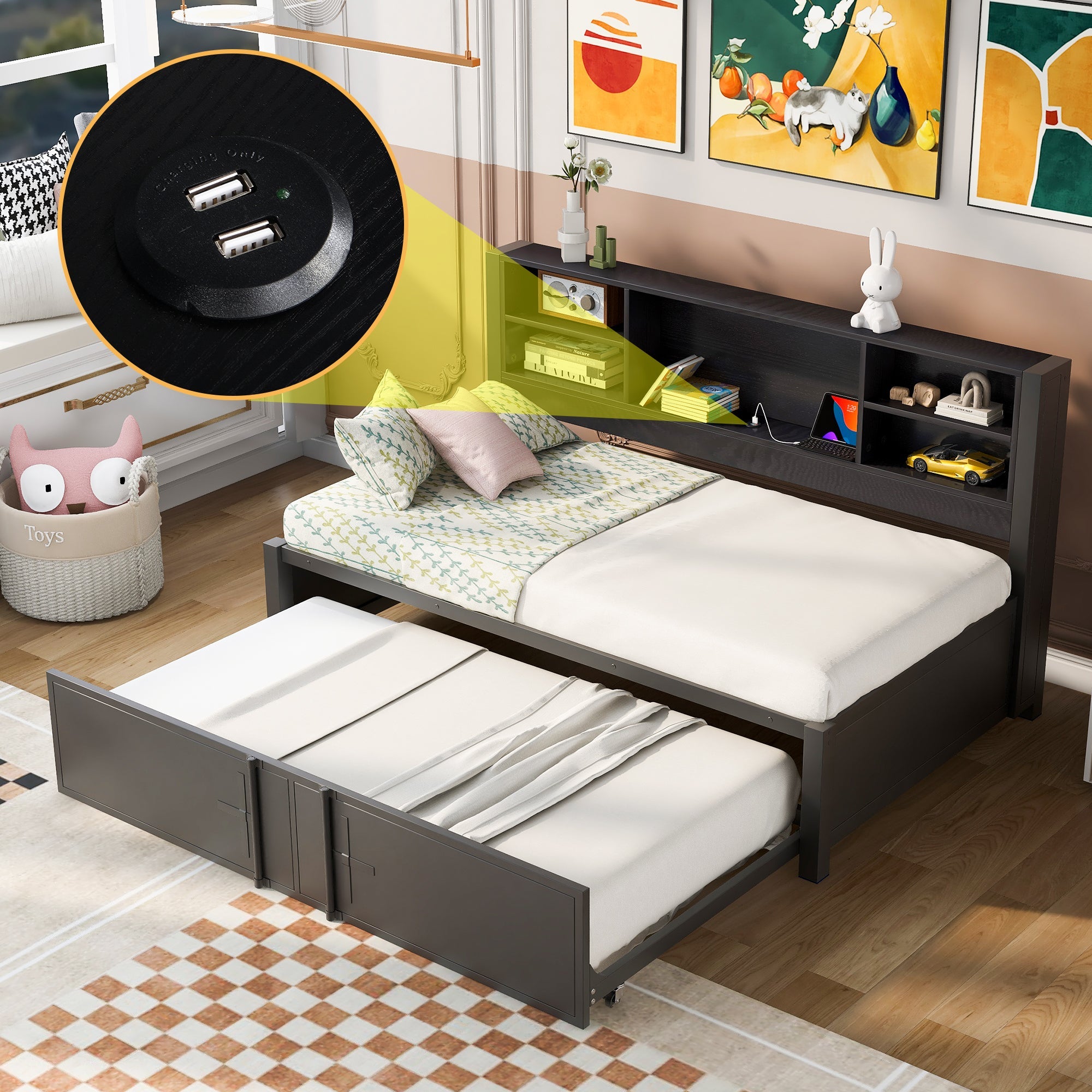 Metal Twin Size Daybed with Twin Size Trundle Storage Shelves and USB Ports Black