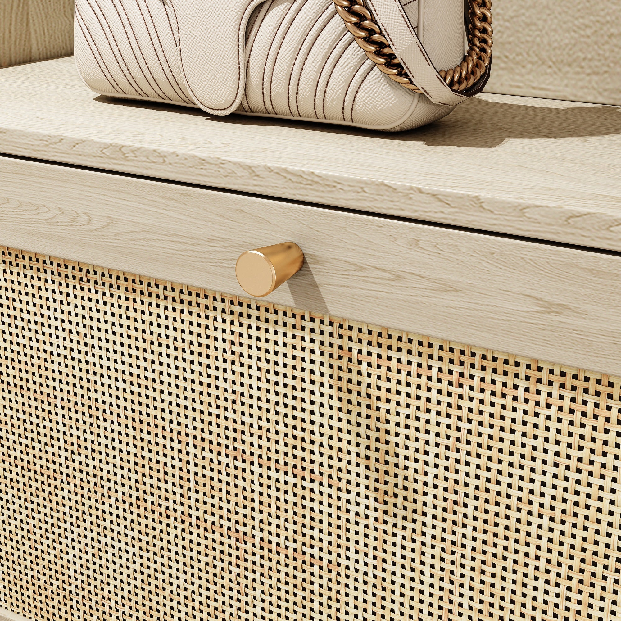 Natural Bohemian style shoe cabinet with 3 rattan flip drawers, 3 square shelves, and 1 storage drawer, Natural