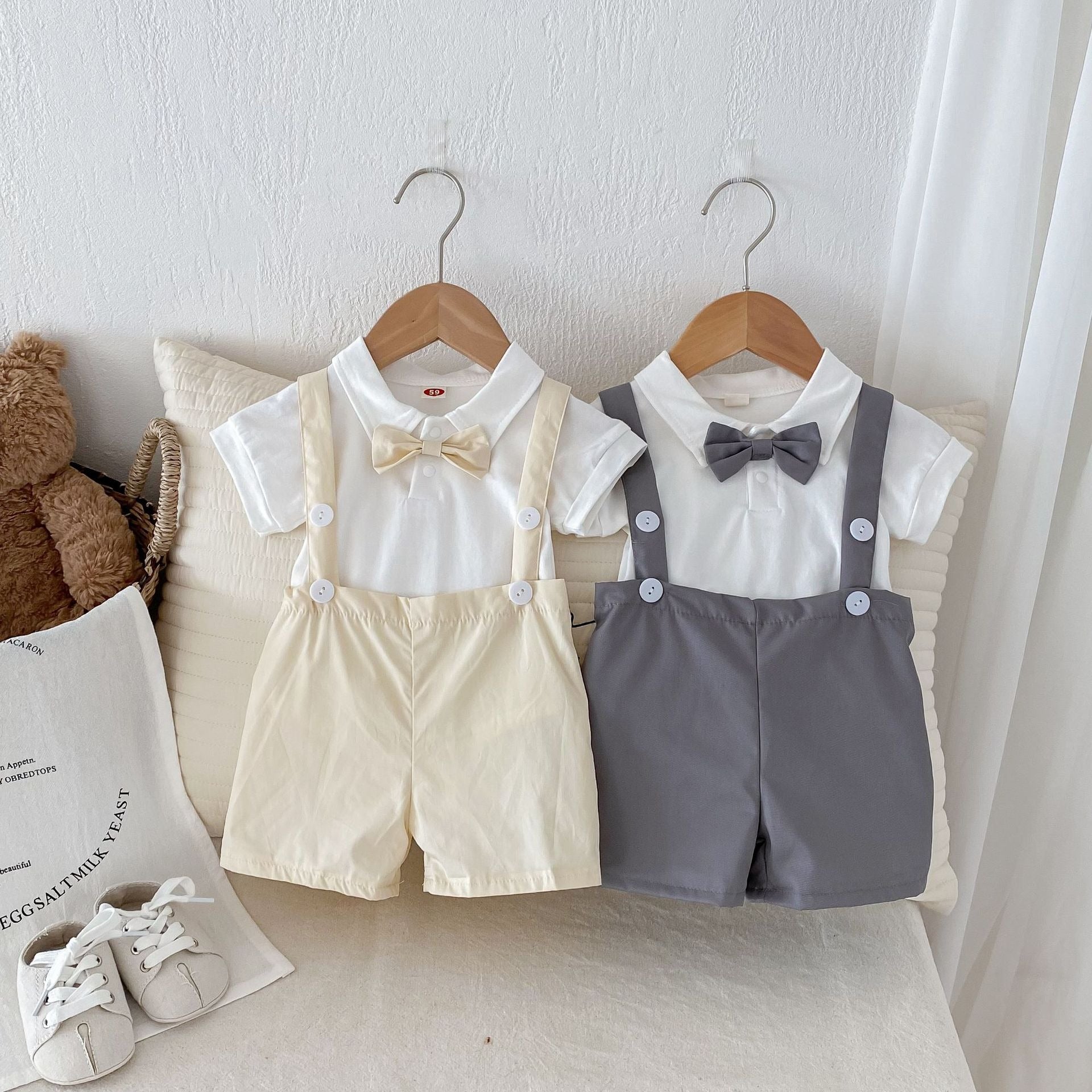 Summer baby hoodie tie suspender shorts two-piece set for gentlemen&
