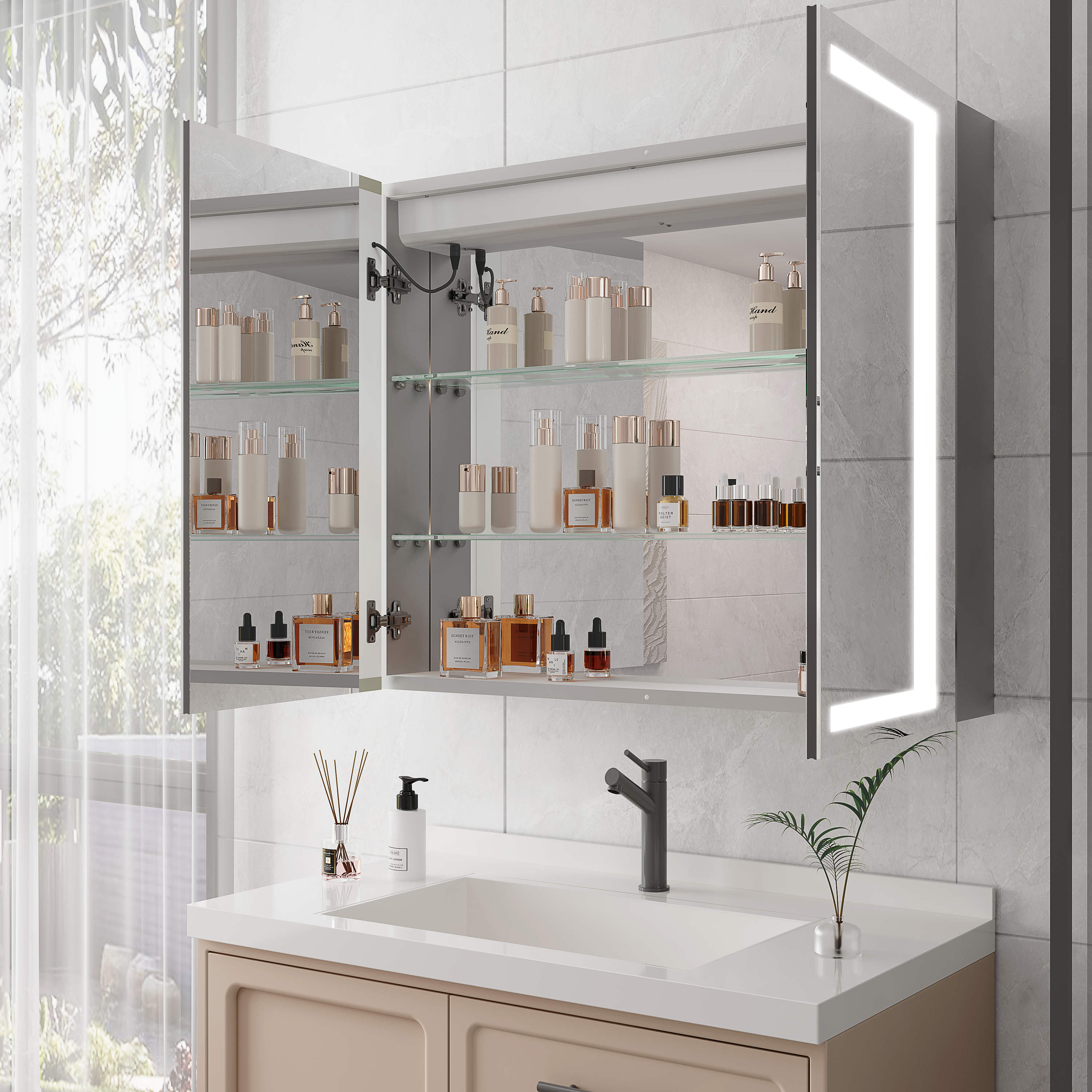 36 x 30 inch Medicine Cabinet with LED Vanity Mirror Anti-Fog Recessed or Surface Mount Waterproof DimmableAluminum 3000K~6000K Lighted Double Door Bathroom Cabinet with Touch Switch