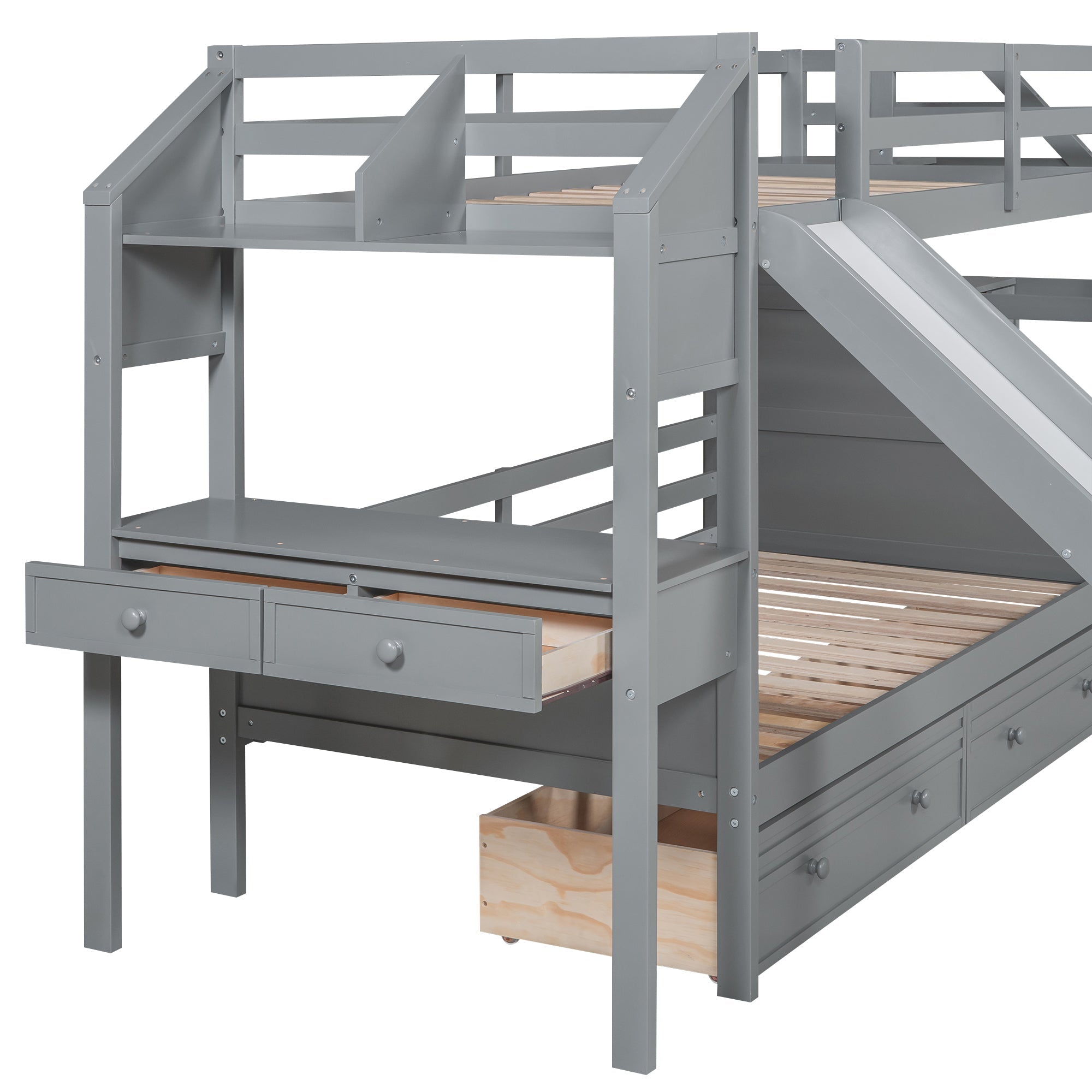 Twin over Twin Bunk Bed with Storage Staircase, Slide and Drawers, Desk with Drawers and Shelves Gray