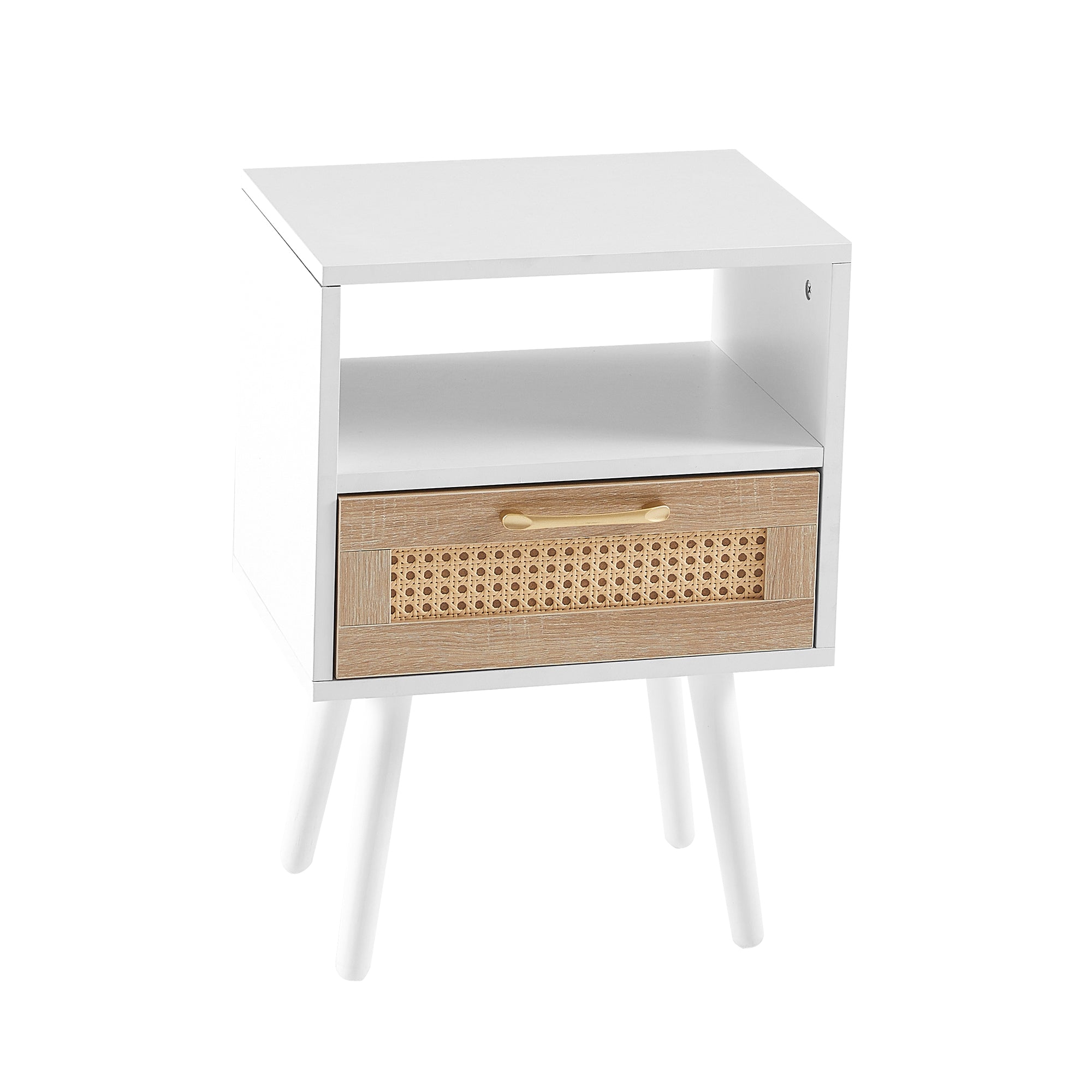 15.75" Rattan End table with drawer and solid wood legs Modern nightstand side table for living room white
