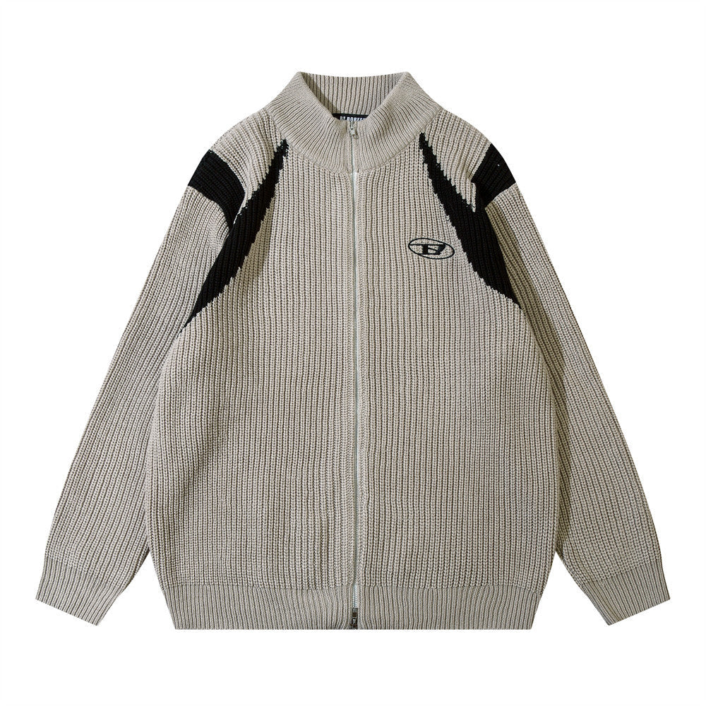Color Block Zipper Cardigan Sweater Men&